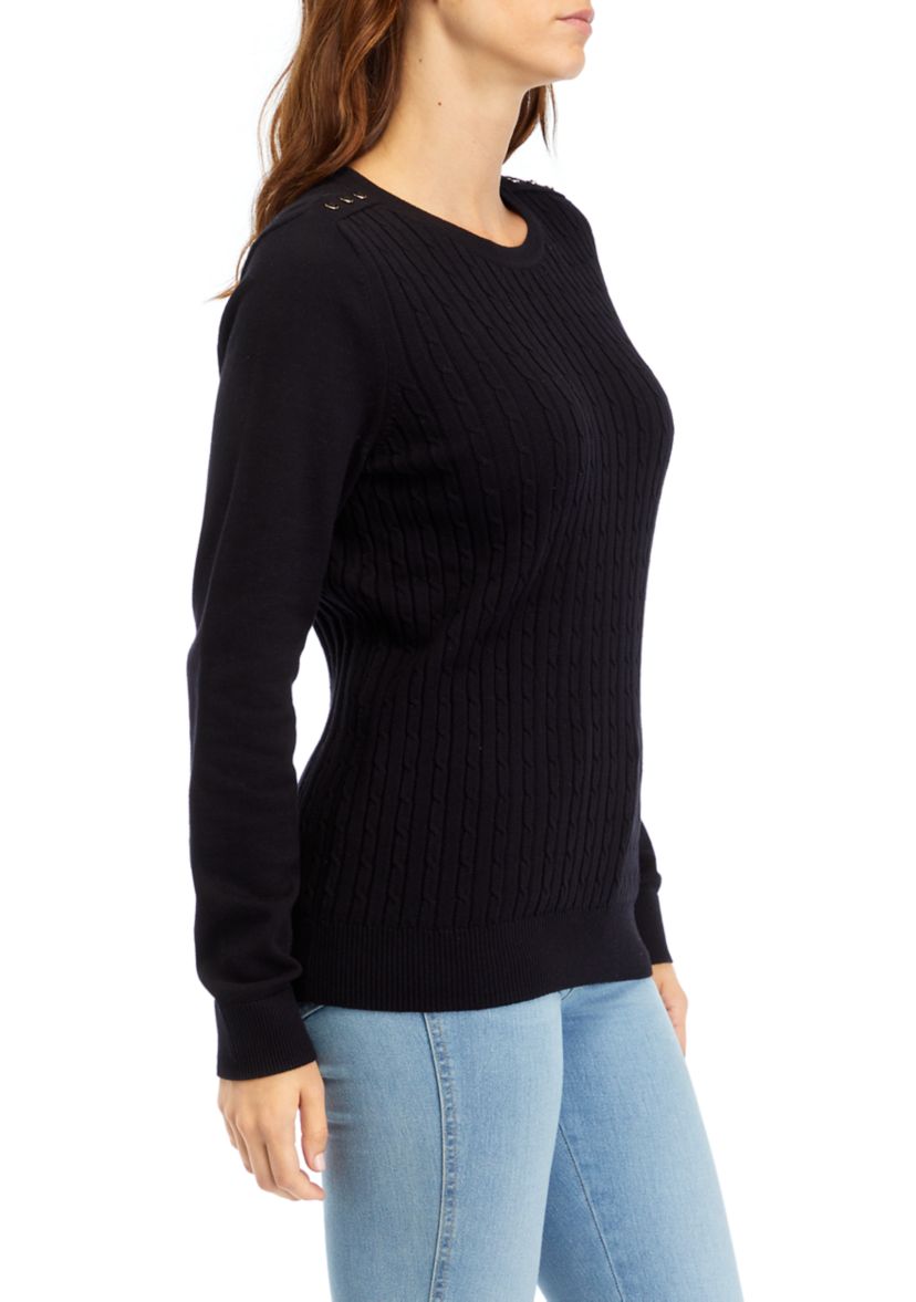 Petite Long Sleeve Cable Button Trim Sweater 