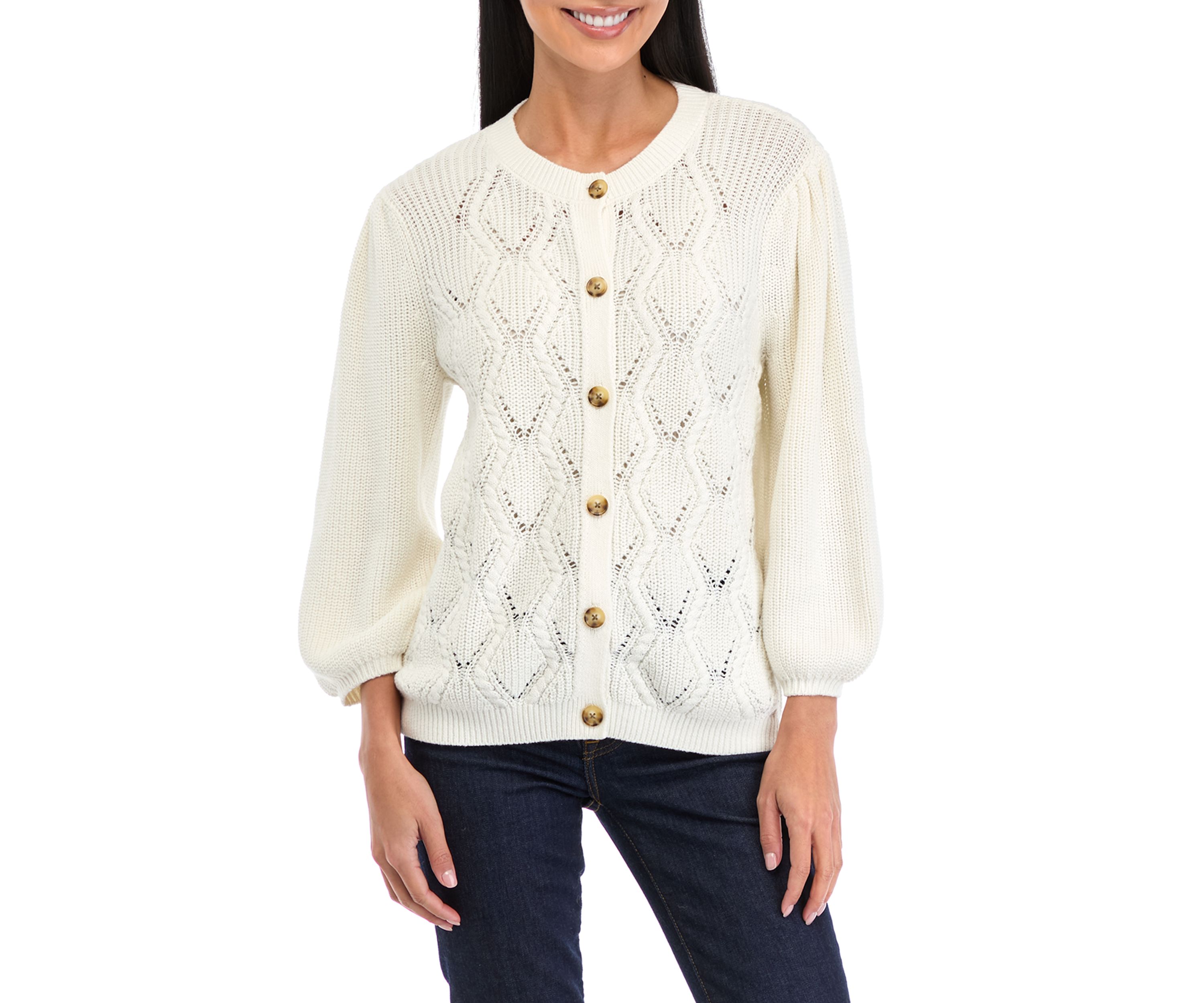 Petite Puff Sleeve Button Front Cable Knit Cardigan 