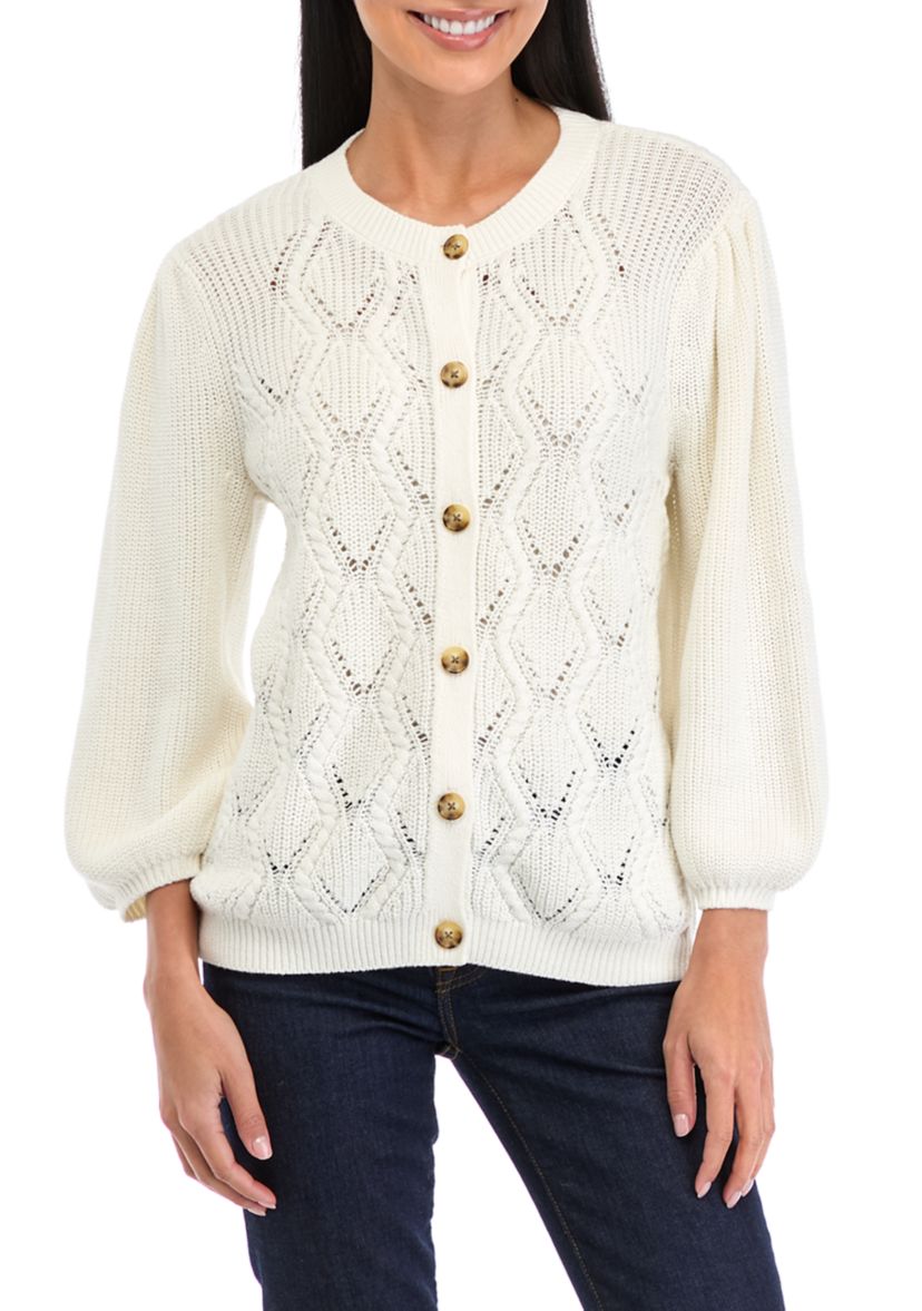 Petite Puff Sleeve Button Front Cable Knit Cardigan 