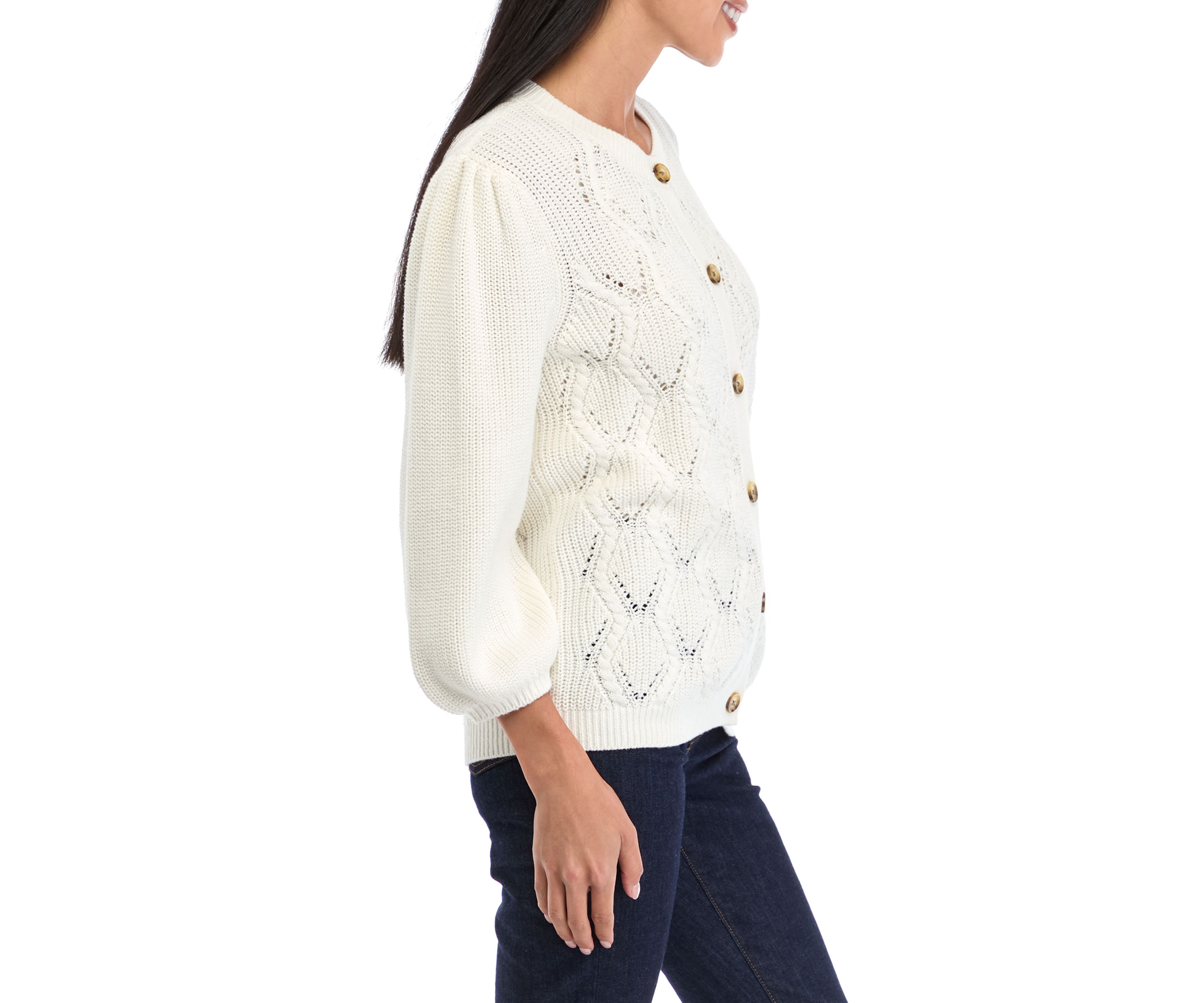 Petite Puff Sleeve Button Front Cable Knit Cardigan 