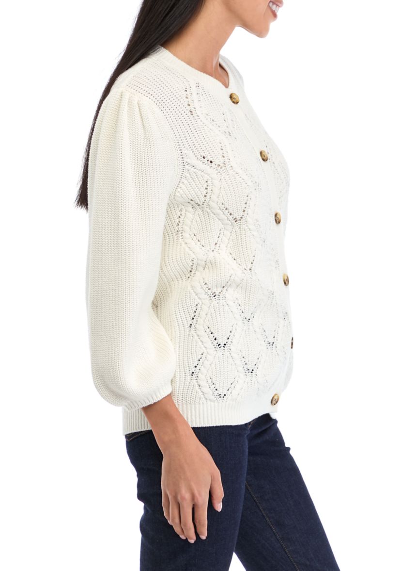 Petite Puff Sleeve Button Front Cable Knit Cardigan 