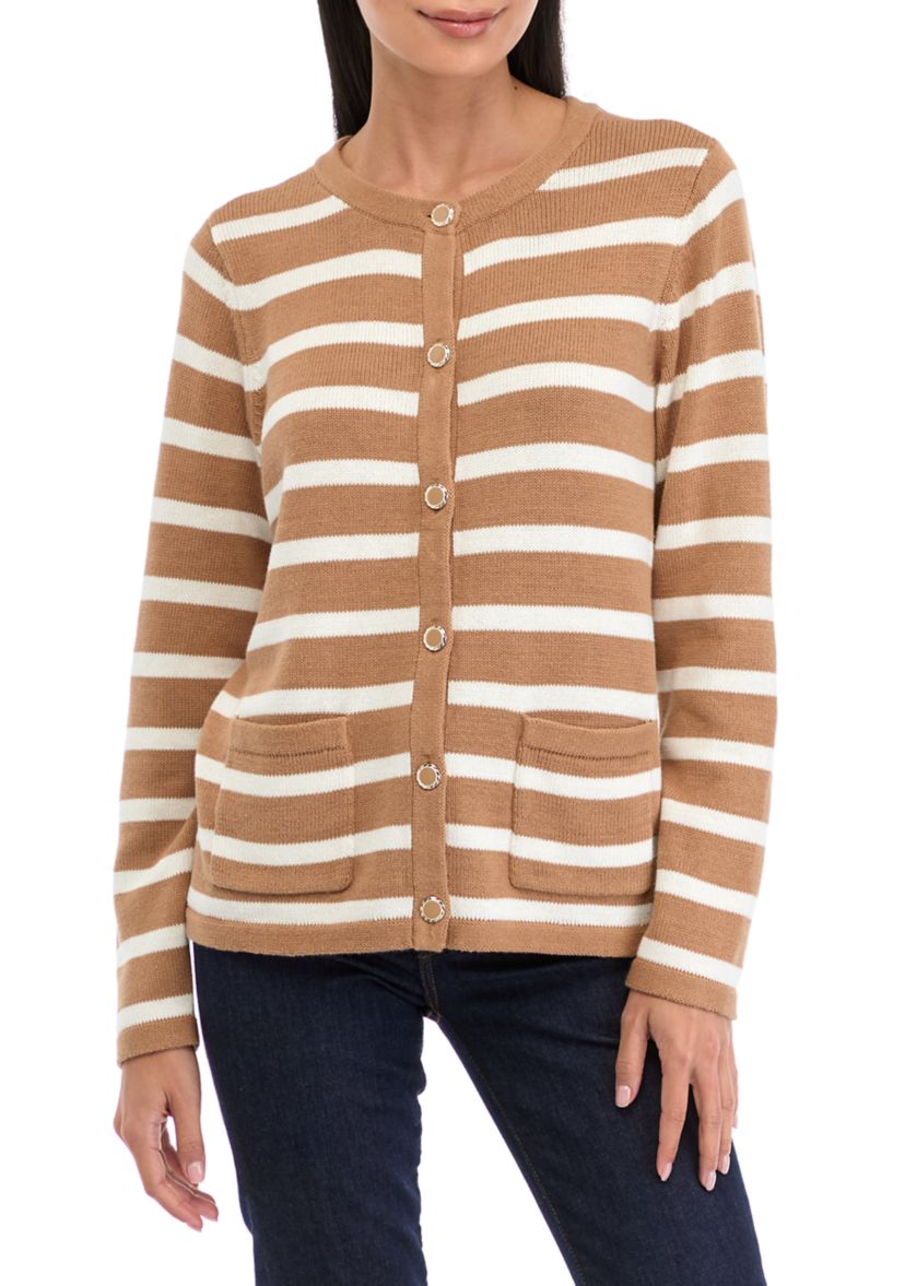 Petite Striped Button Up Cardigan 