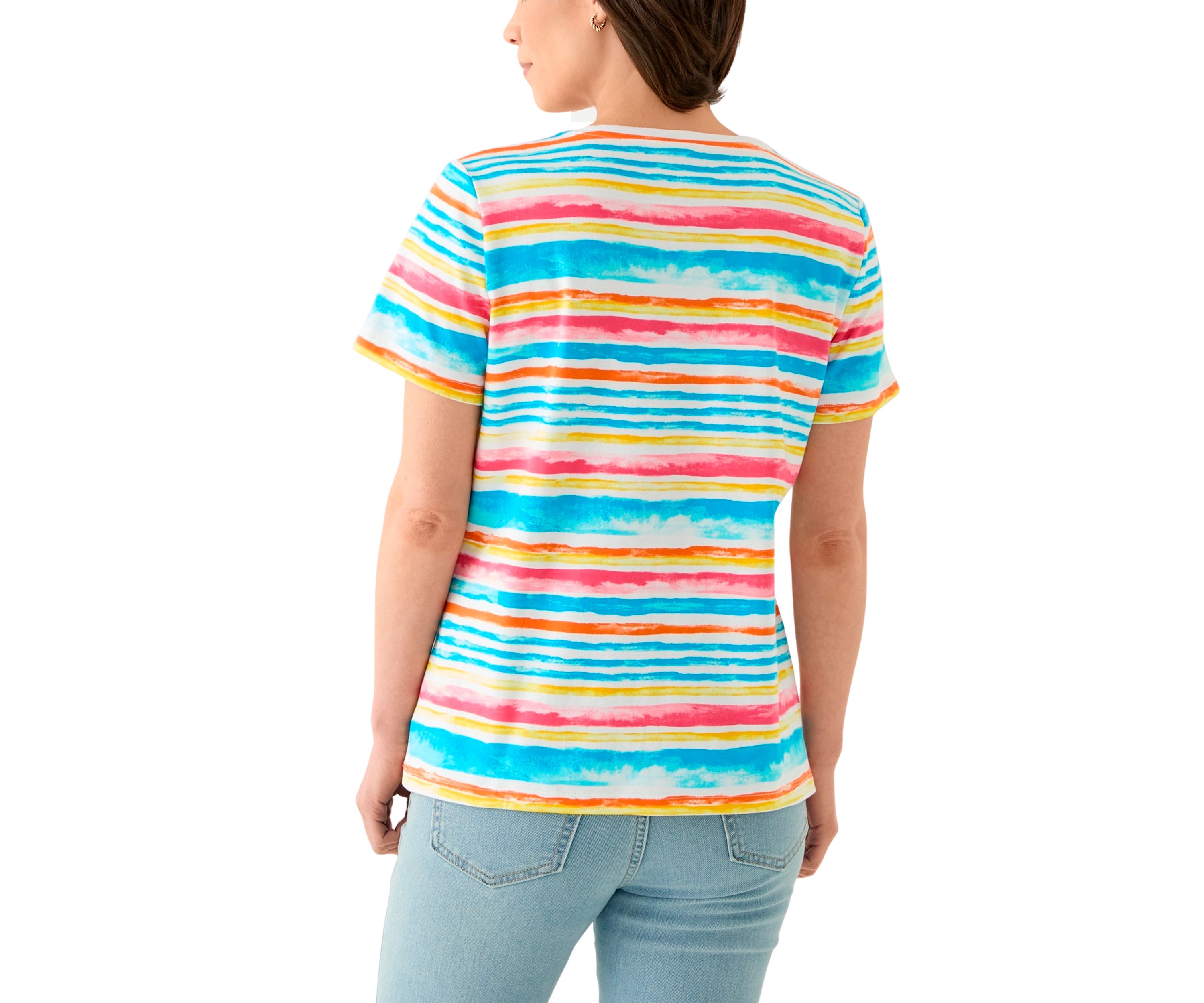 Petite Short Sleeve Crew Neck Stripe Print T-Shirt