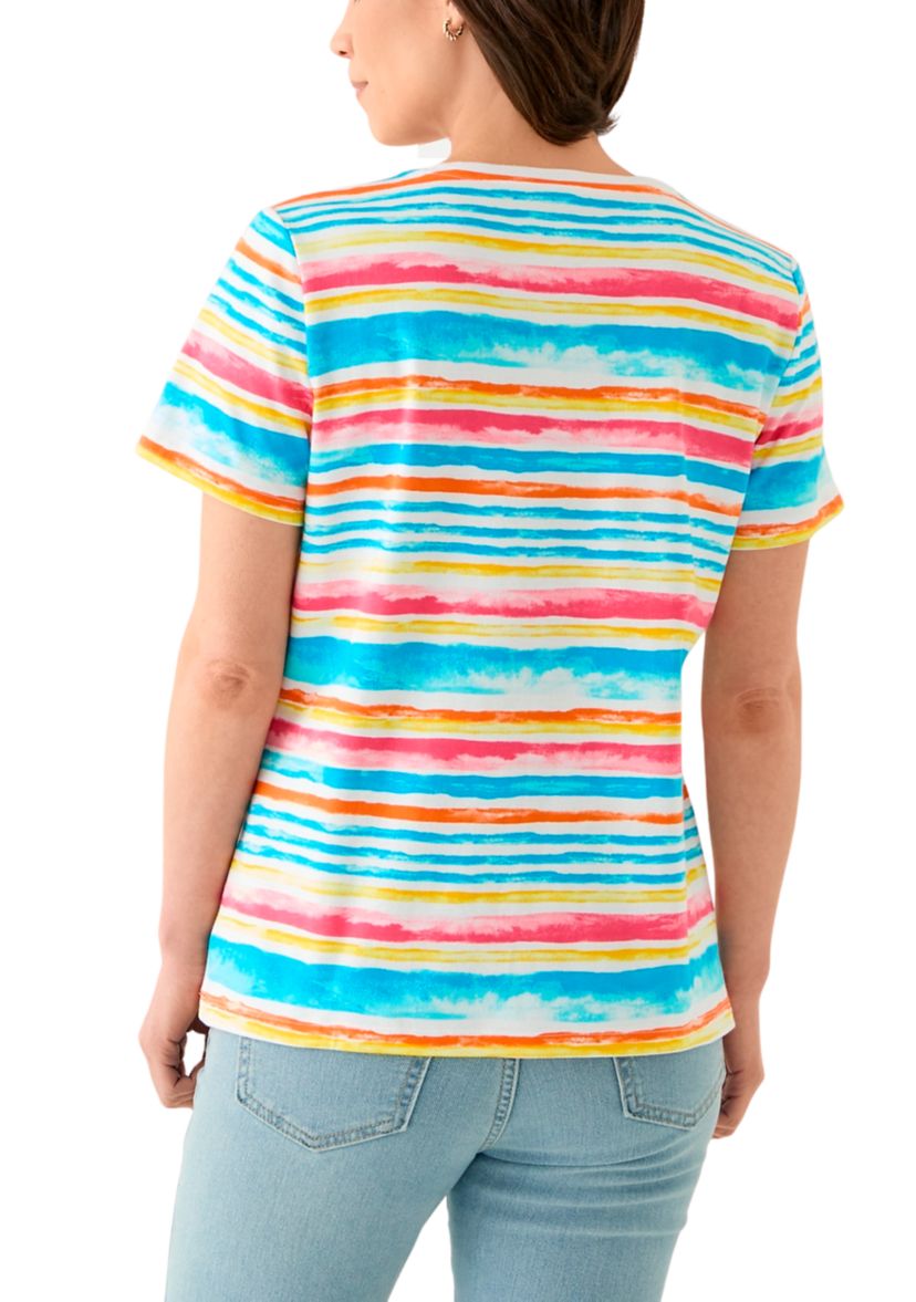Petite Short Sleeve Crew Neck Stripe Print T-Shirt