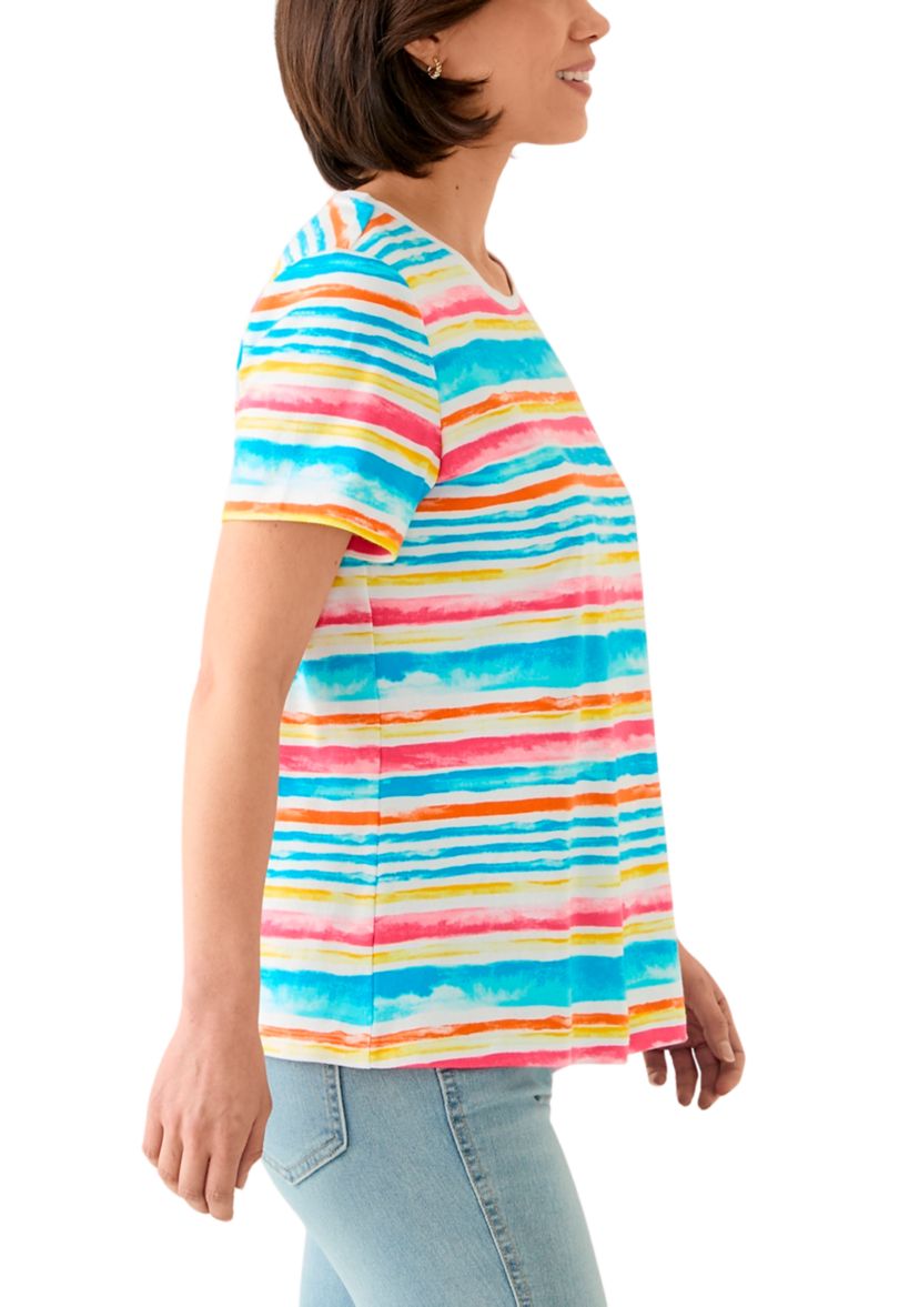 Petite Short Sleeve Crew Neck Stripe Print T-Shirt