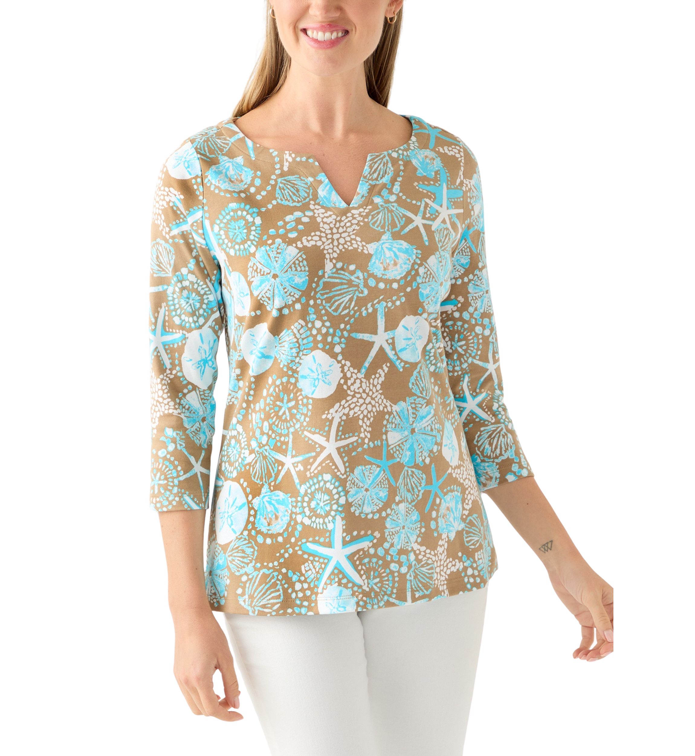 Petite 3/4 Sleeve Split Neck Allover Print Top