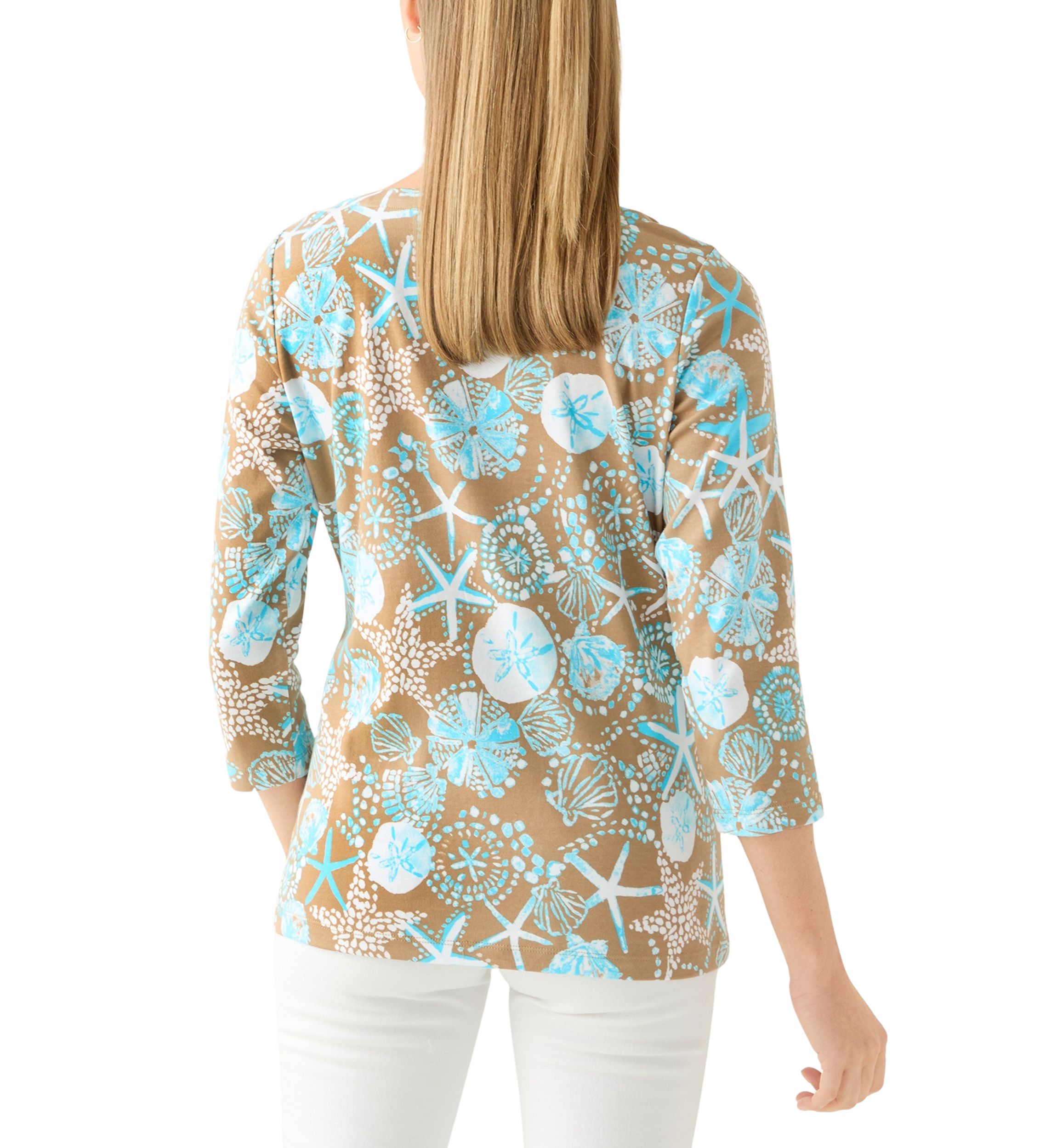 Petite 3/4 Sleeve Split Neck Allover Print Top