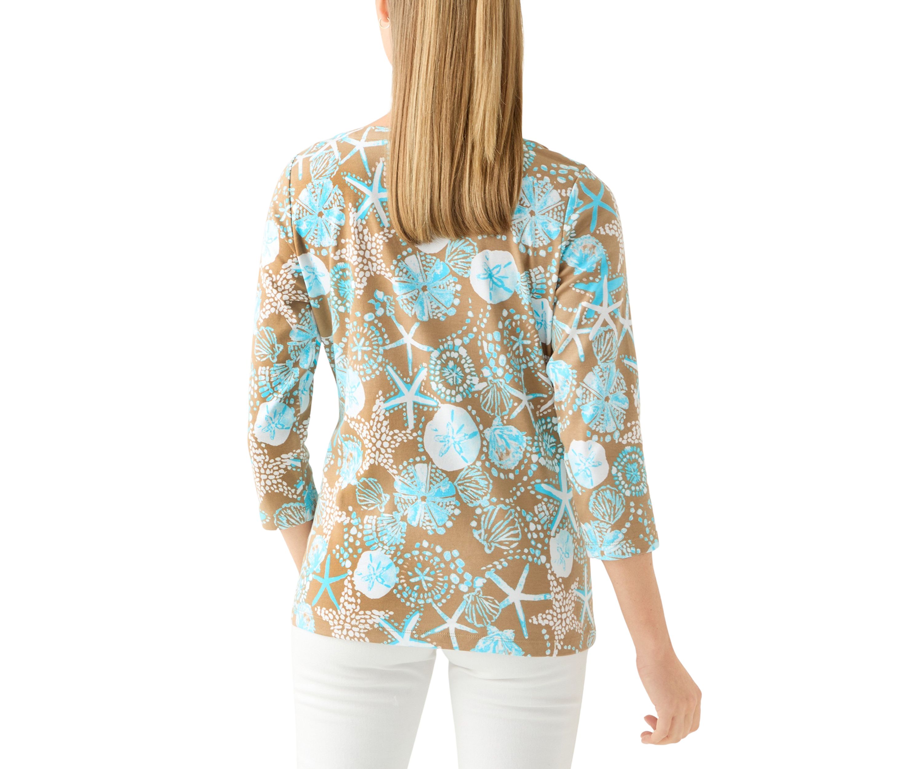 Petite 3/4 Sleeve Split Neck Allover Print Top