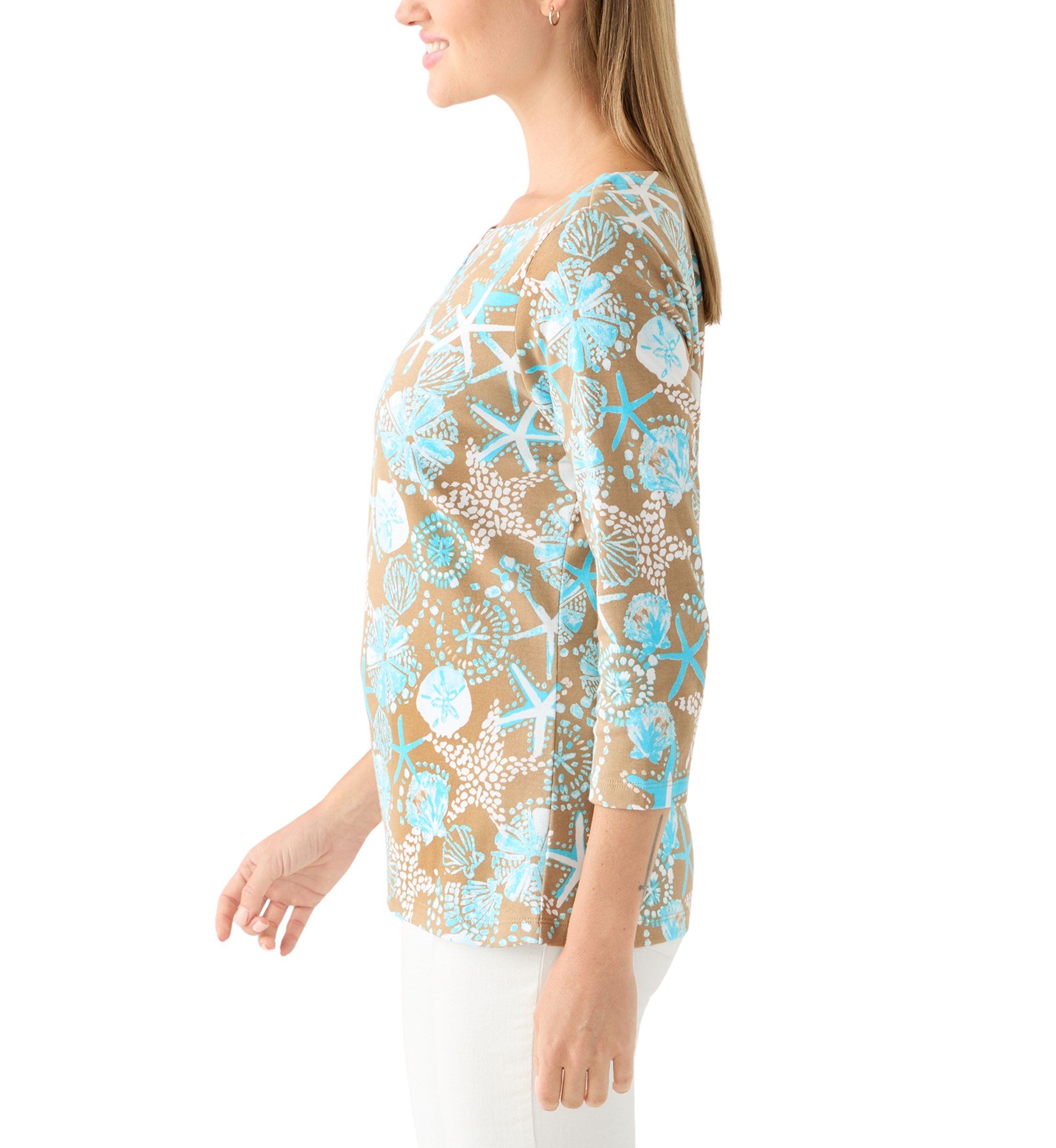 Petite 3/4 Sleeve Split Neck Allover Print Top
