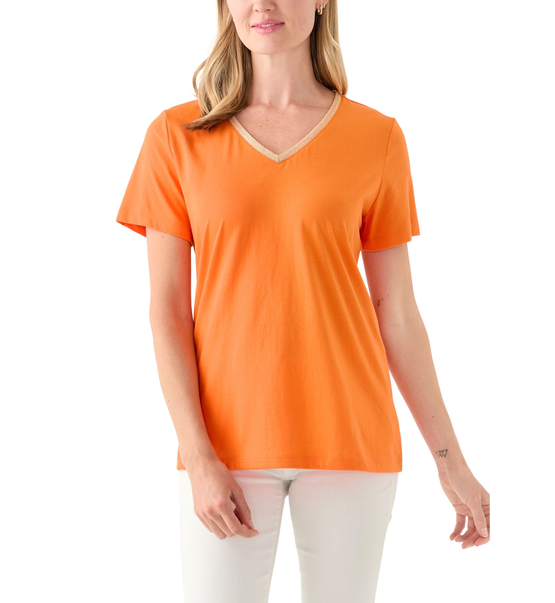 Petite Short Sleeve V-Neck T-Shirt with Trim 