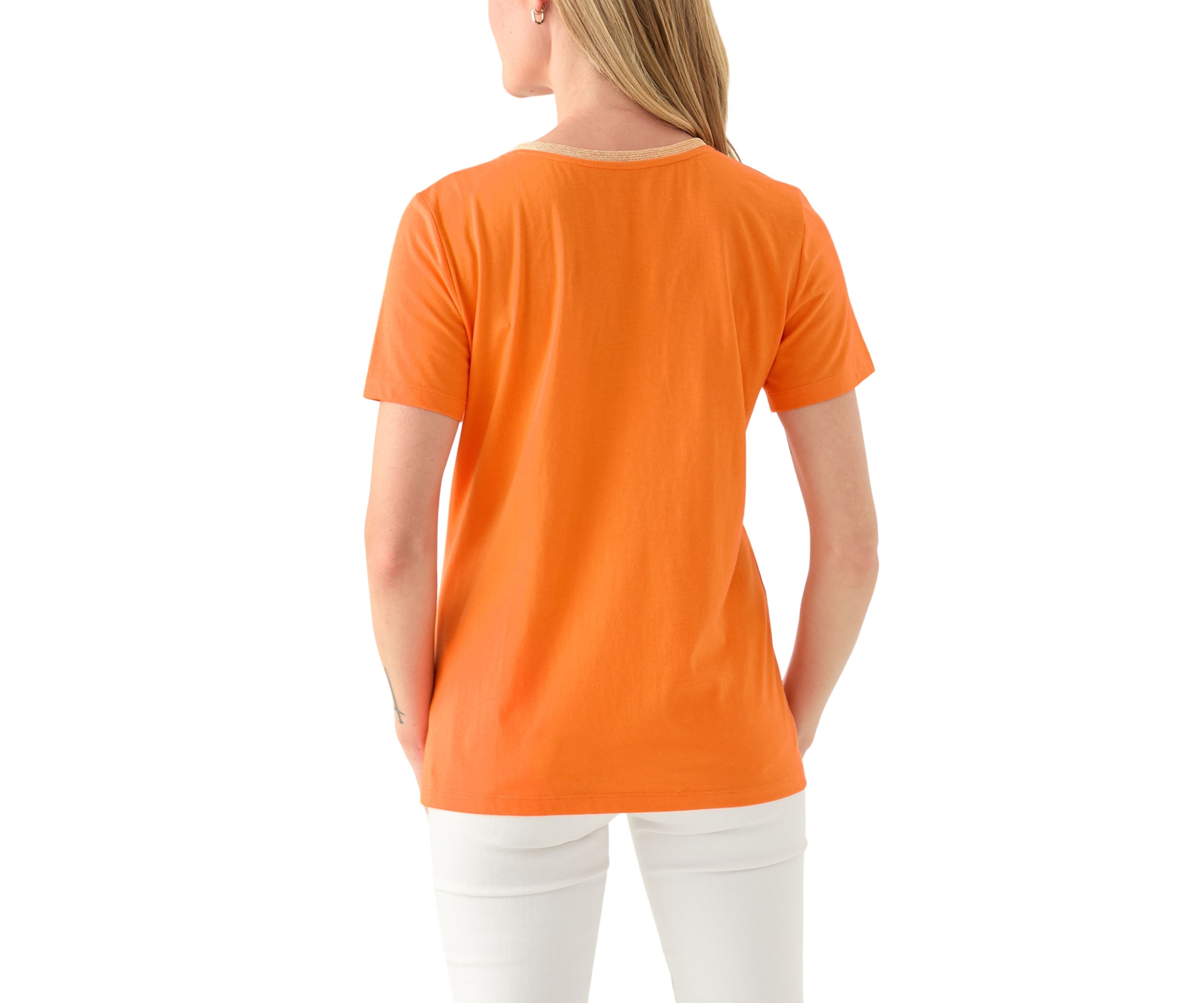Petite Short Sleeve V-Neck T-Shirt with Trim 