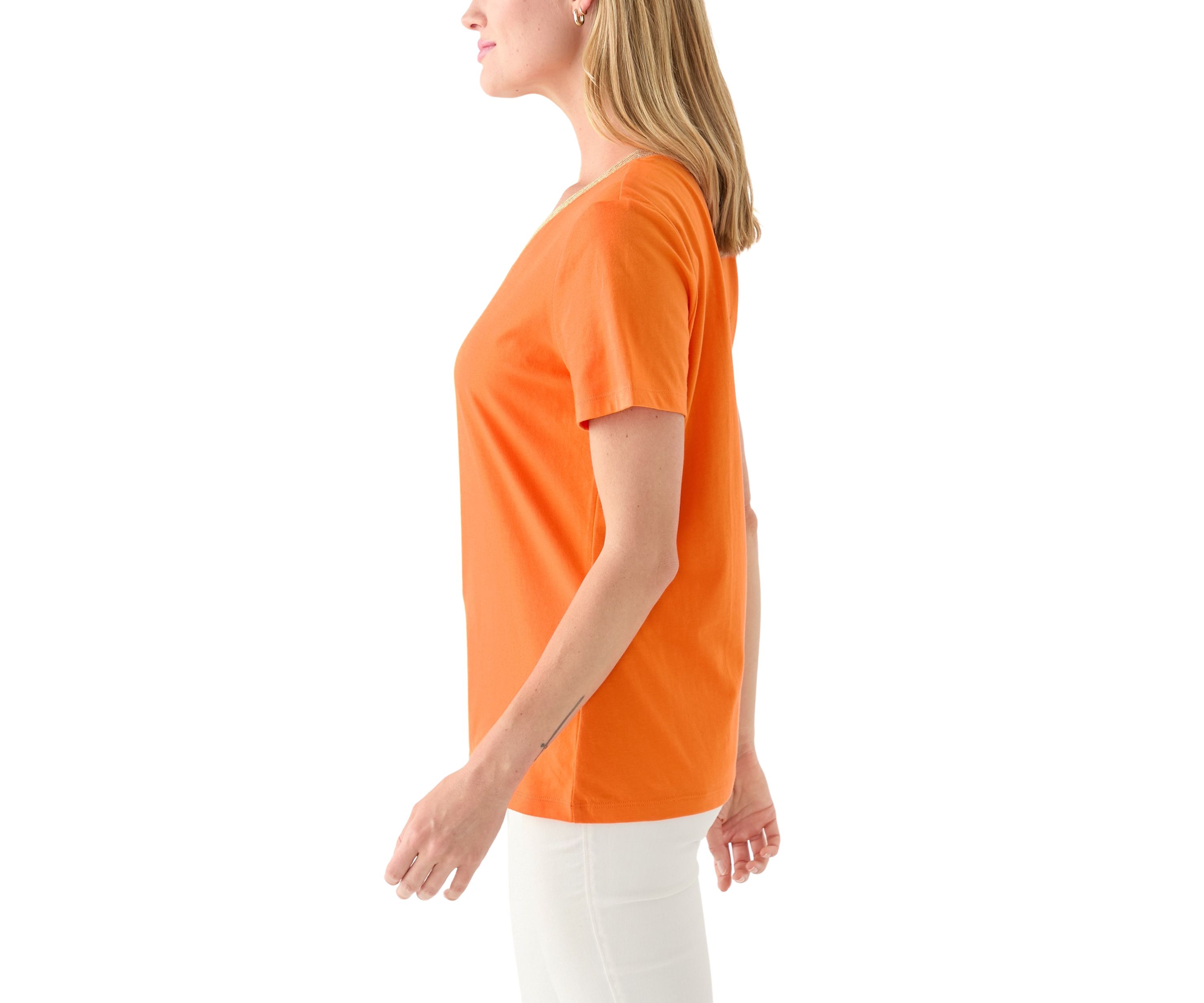 Petite Short Sleeve V-Neck T-Shirt with Trim 