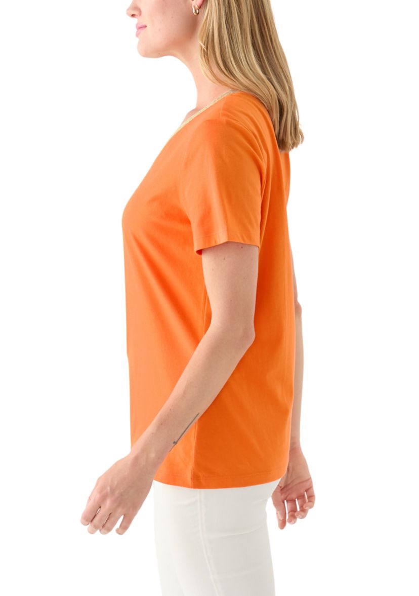 Petite Short Sleeve V-Neck T-Shirt with Trim 