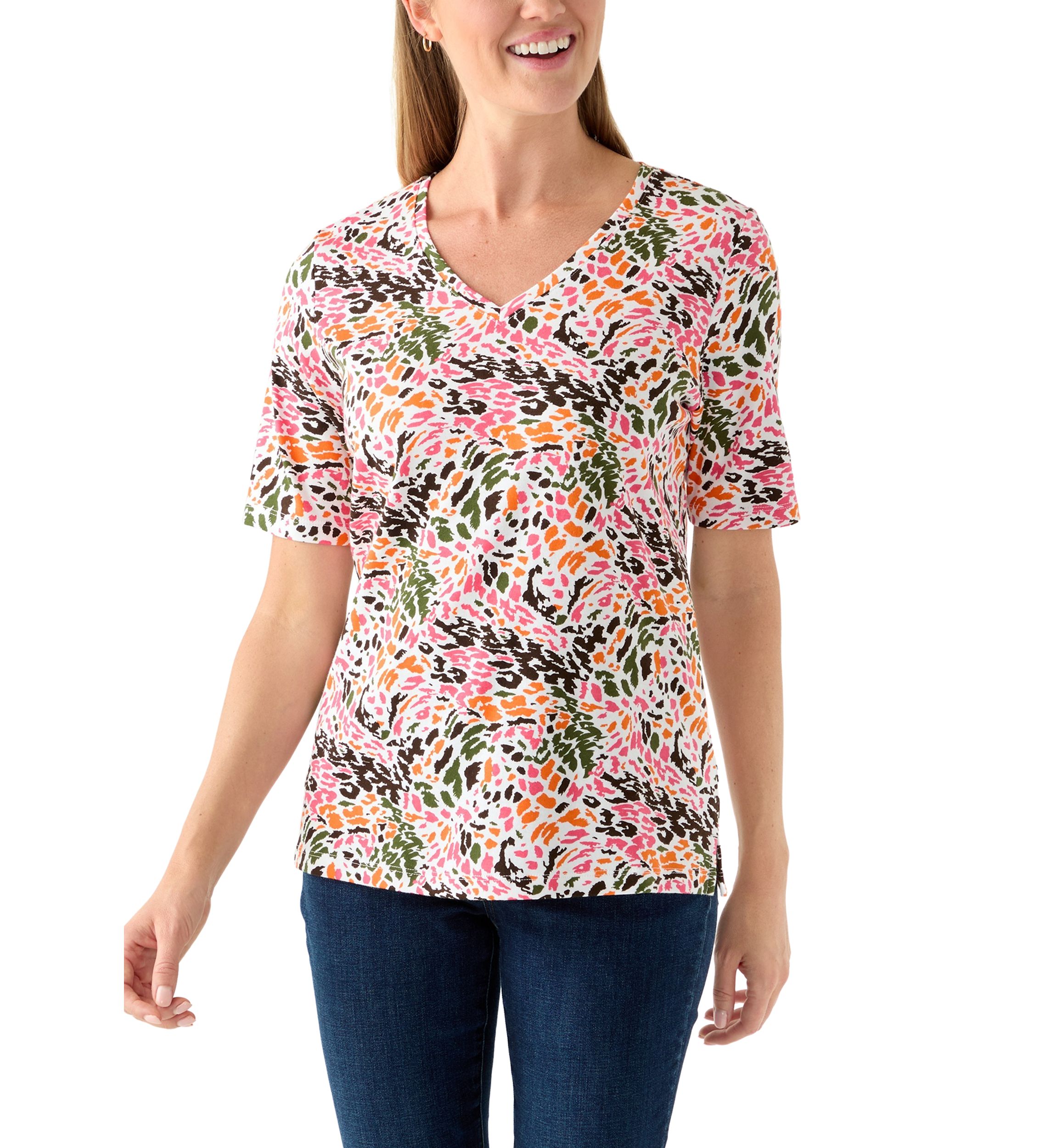 Petite Elbow Sleeve Printed V-Neck T-Shirt 