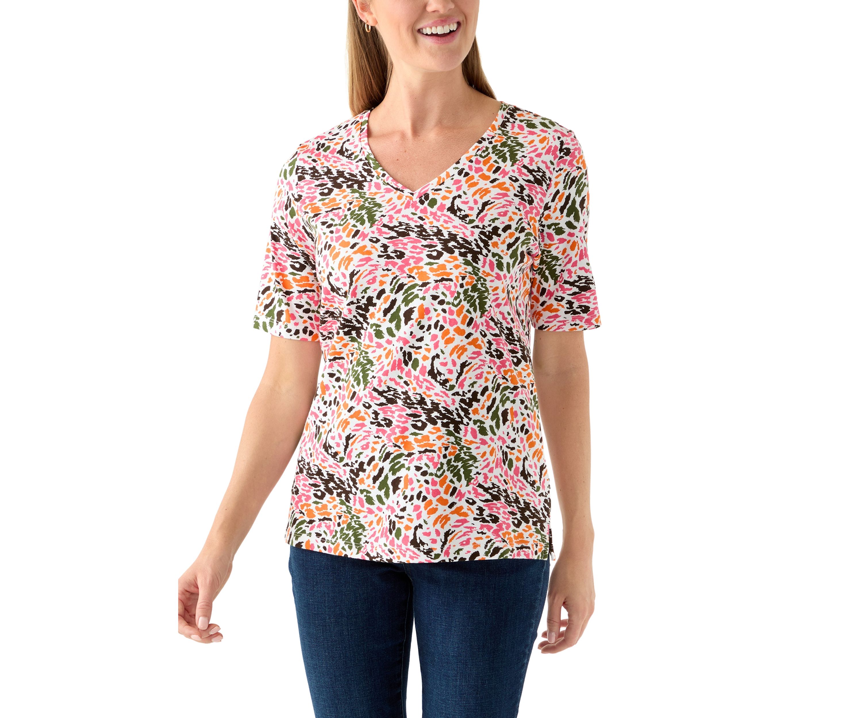 Petite Elbow Sleeve Printed V-Neck T-Shirt 