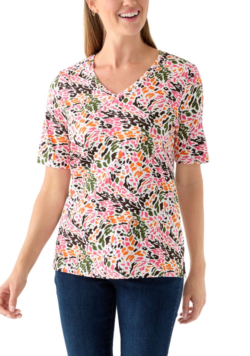 Petite Elbow Sleeve Printed V-Neck T-Shirt 