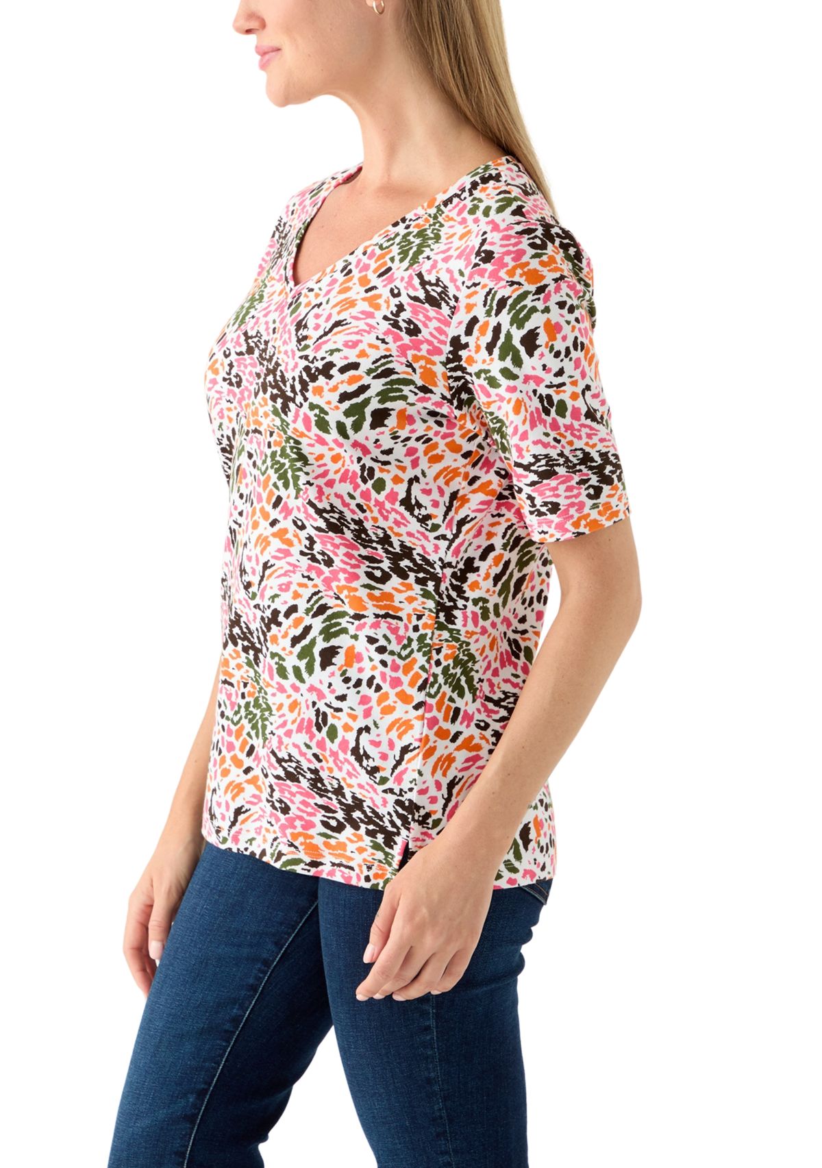 Petite Elbow Sleeve Printed V-Neck T-Shirt 