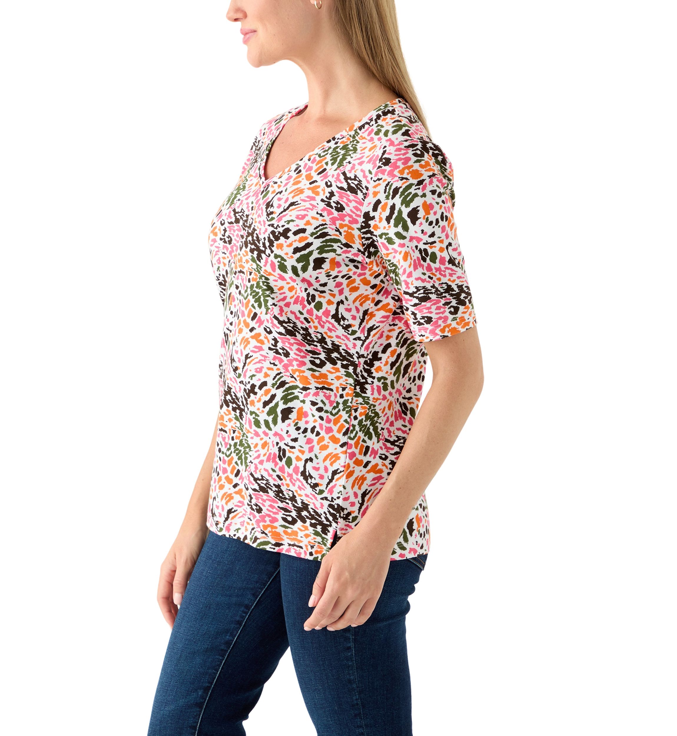 Petite Elbow Sleeve Printed V-Neck T-Shirt 