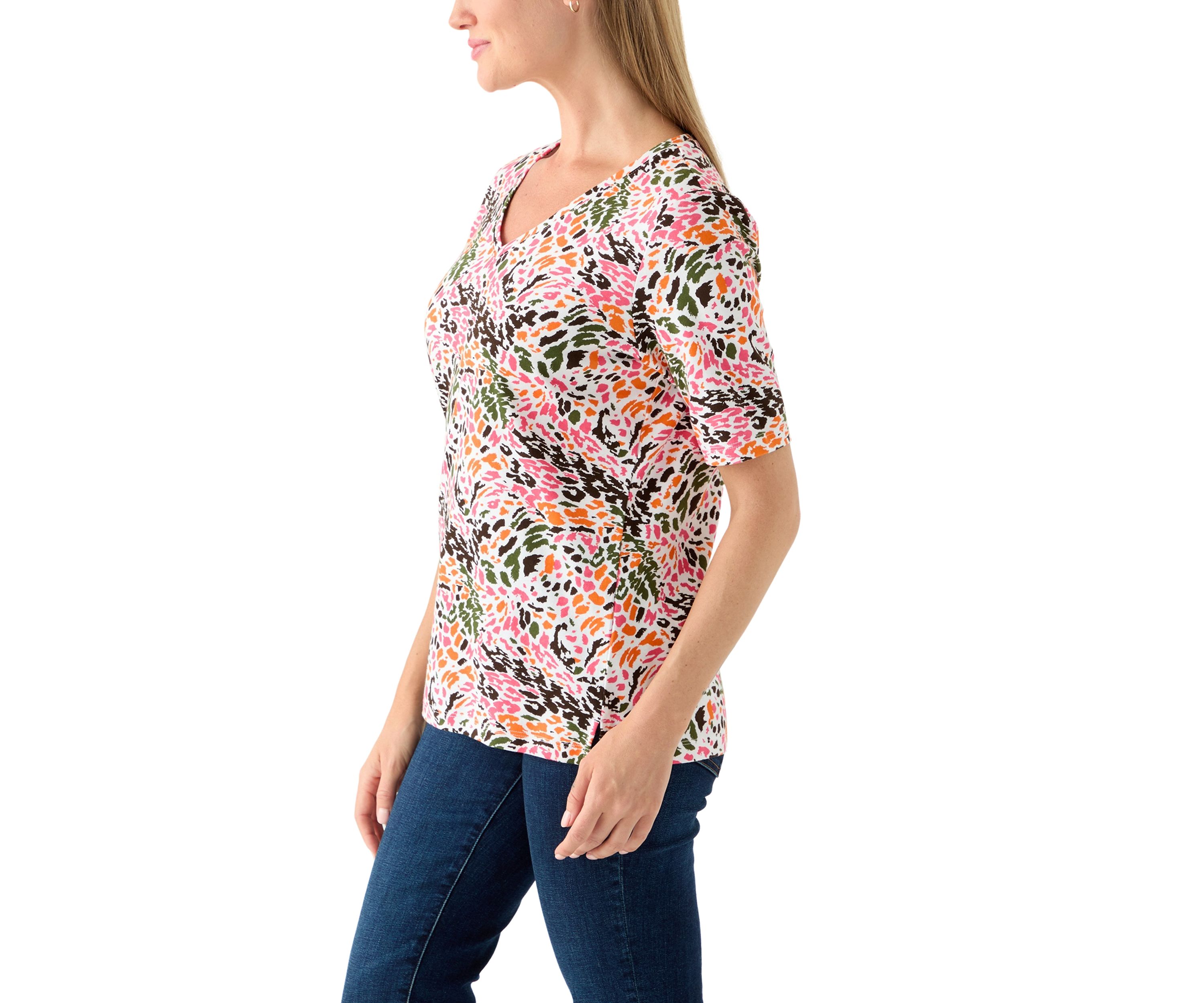 Petite Elbow Sleeve Printed V-Neck T-Shirt 