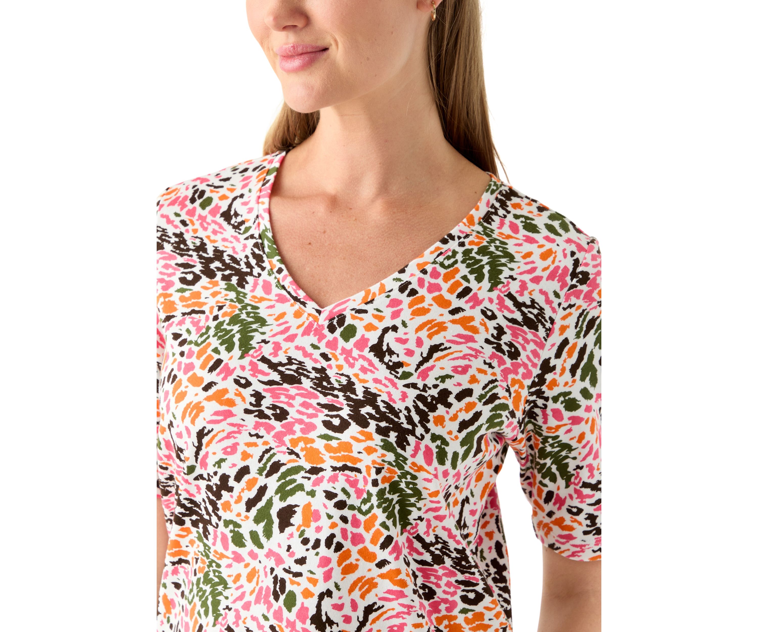 Petite Elbow Sleeve Printed V-Neck T-Shirt 