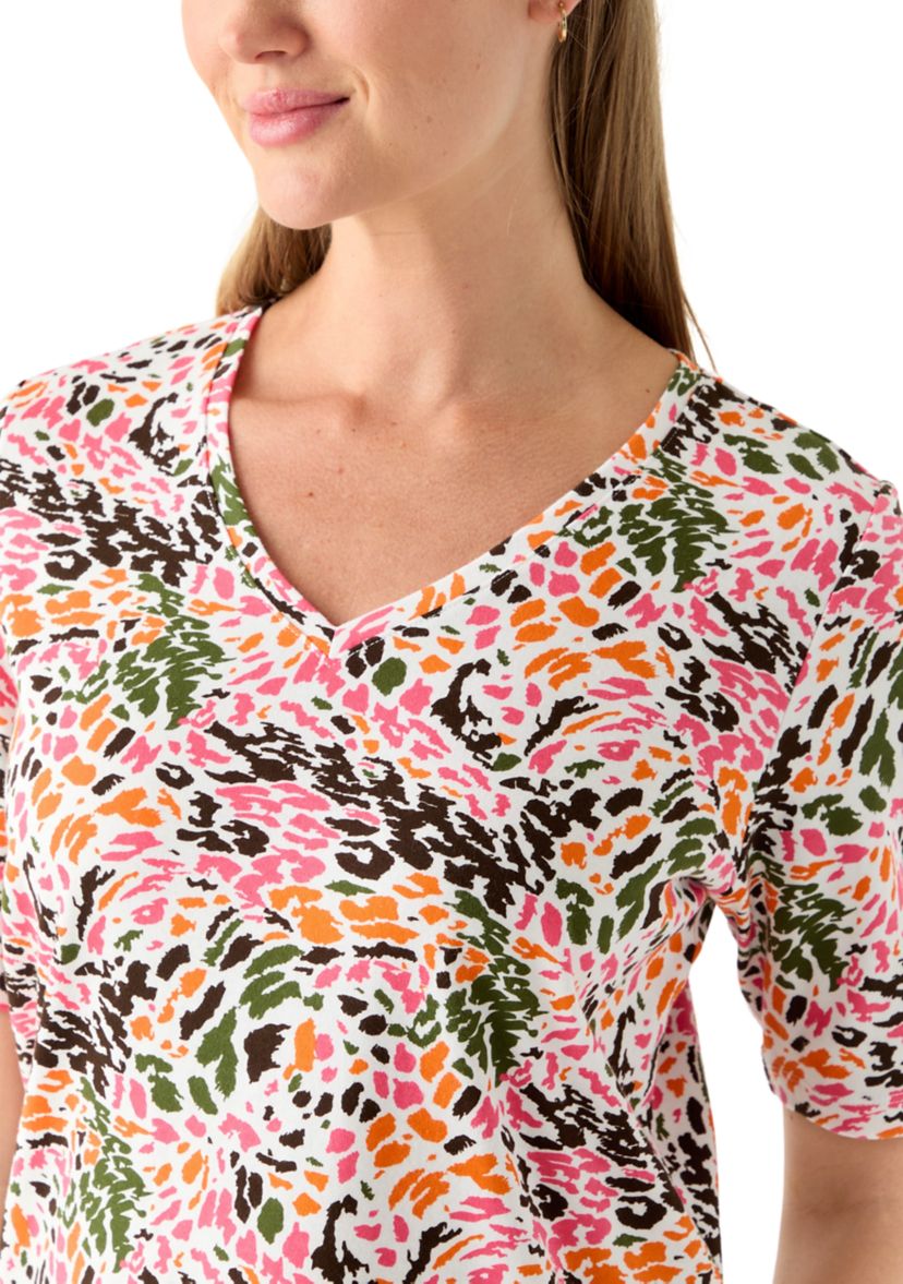 Petite Elbow Sleeve Printed V-Neck T-Shirt 
