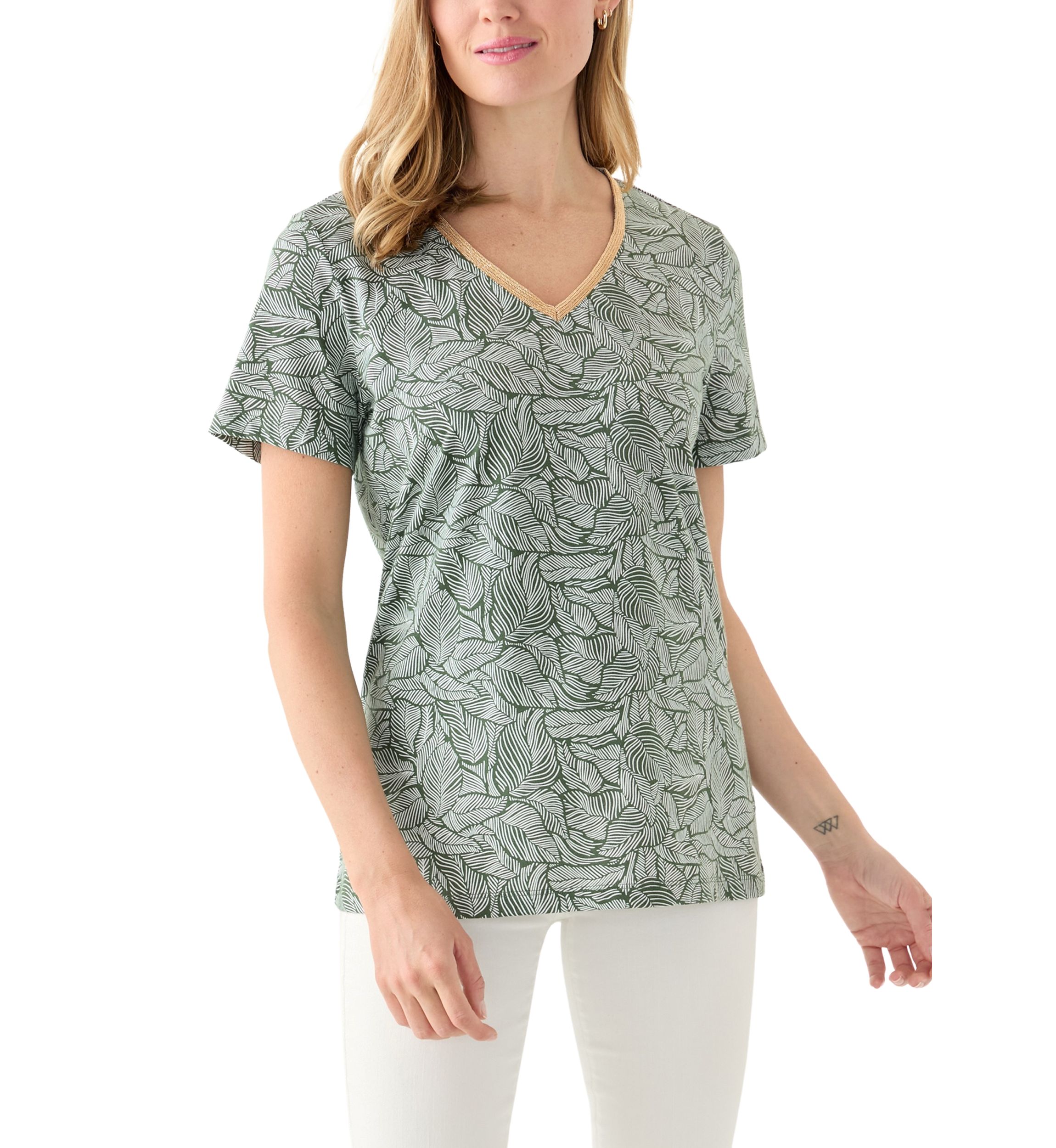 Petite Short Sleeve V-Neck Printed Trim Top 