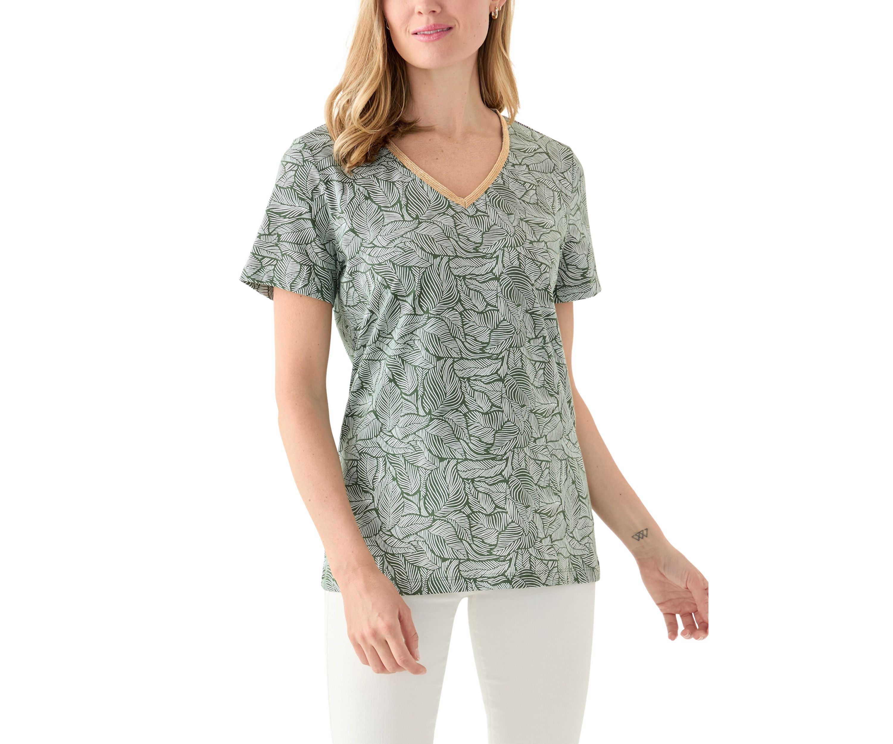 Petite Short Sleeve V-Neck Printed Trim Top 