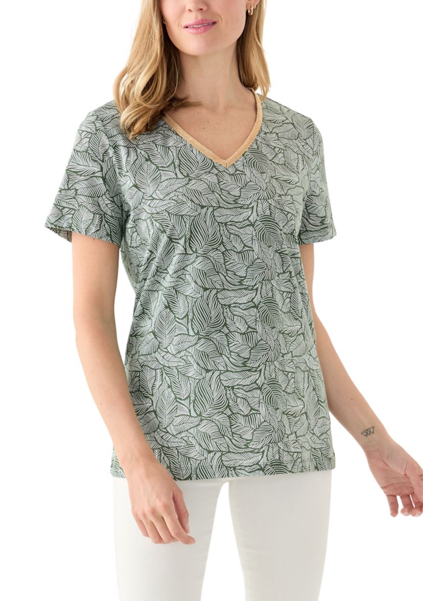 Petite Short Sleeve V-Neck Printed Trim Top 