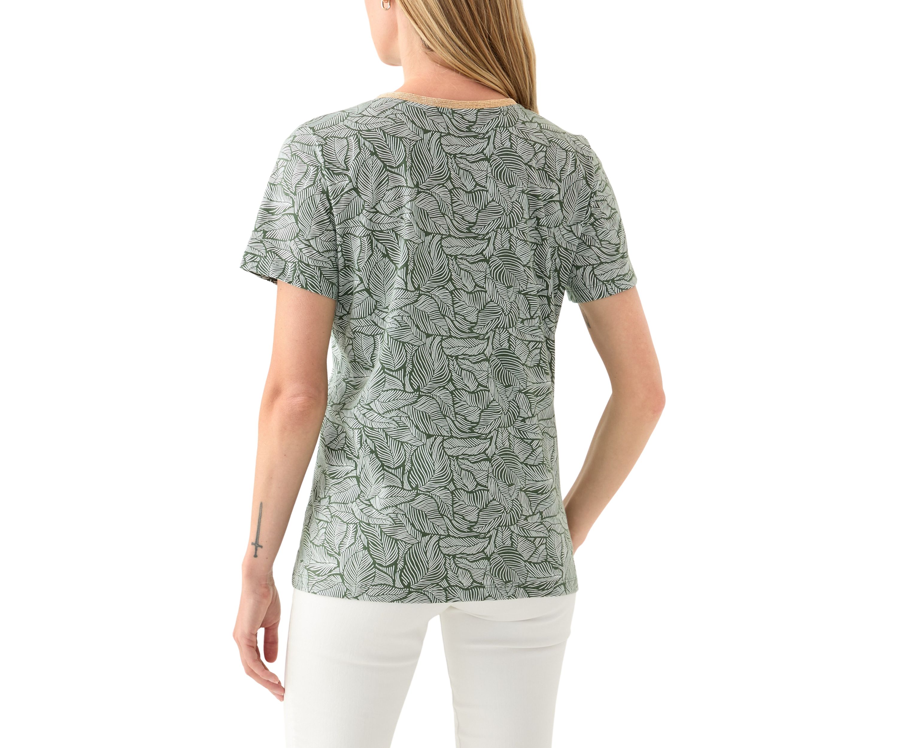 Petite Short Sleeve V-Neck Printed Trim Top 