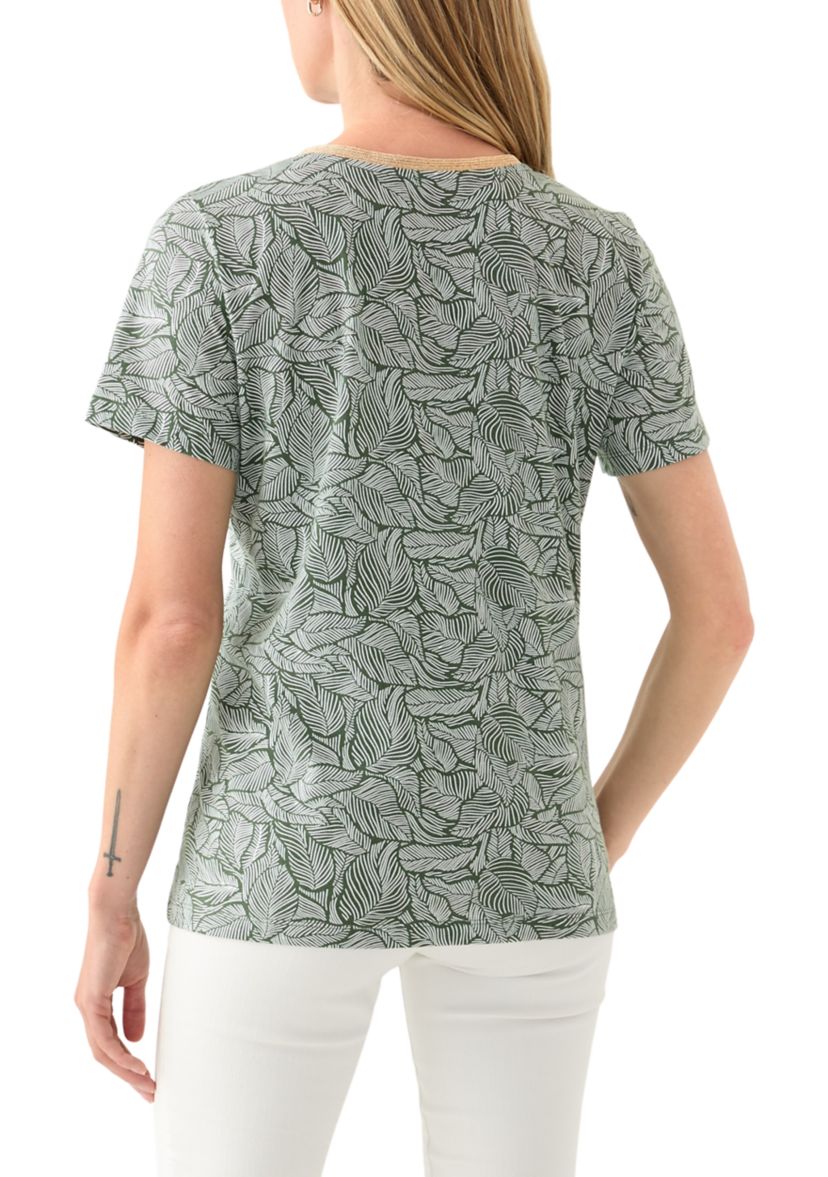 Petite Short Sleeve V-Neck Printed Trim Top 