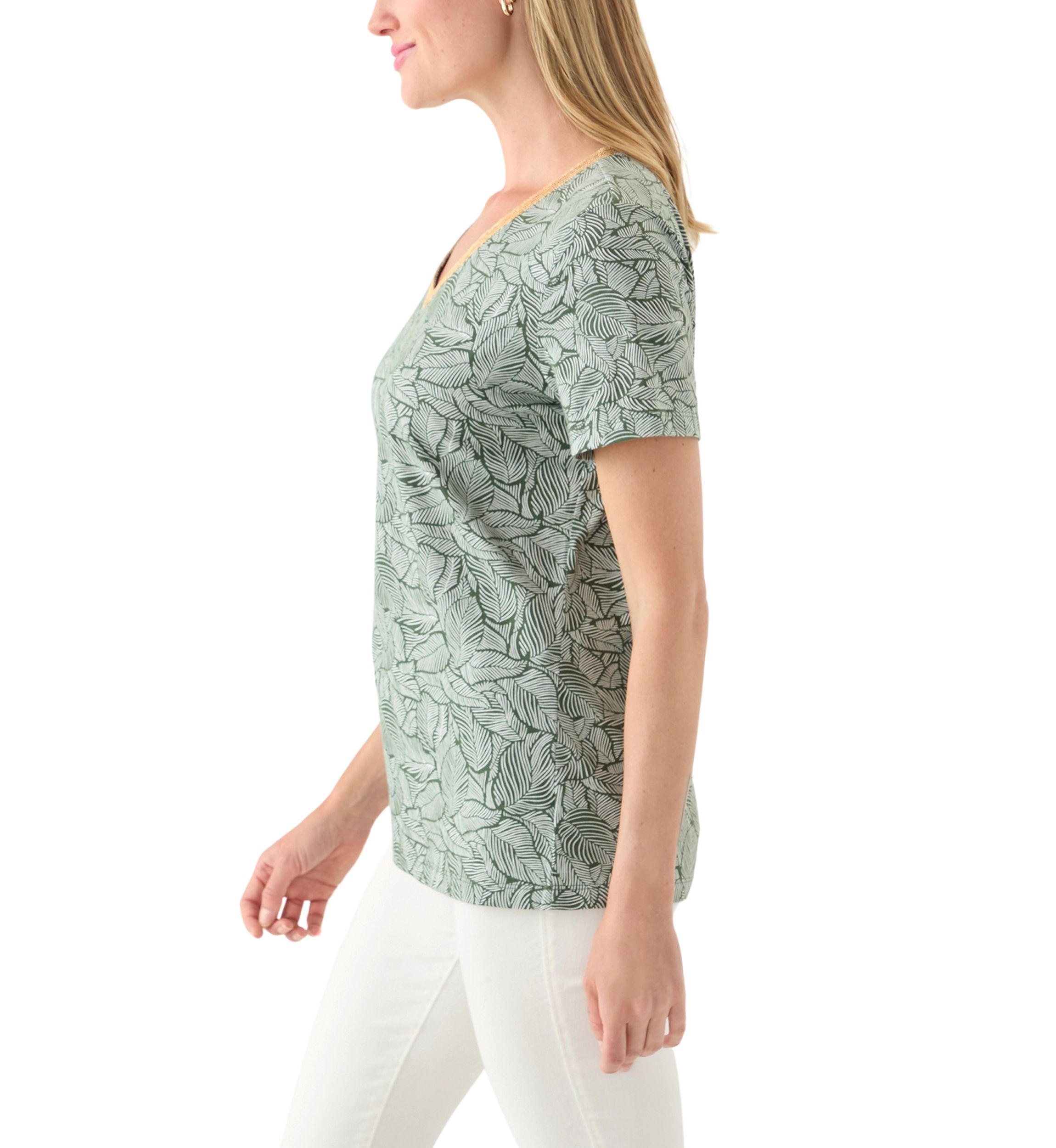 Petite Short Sleeve V-Neck Printed Trim Top 