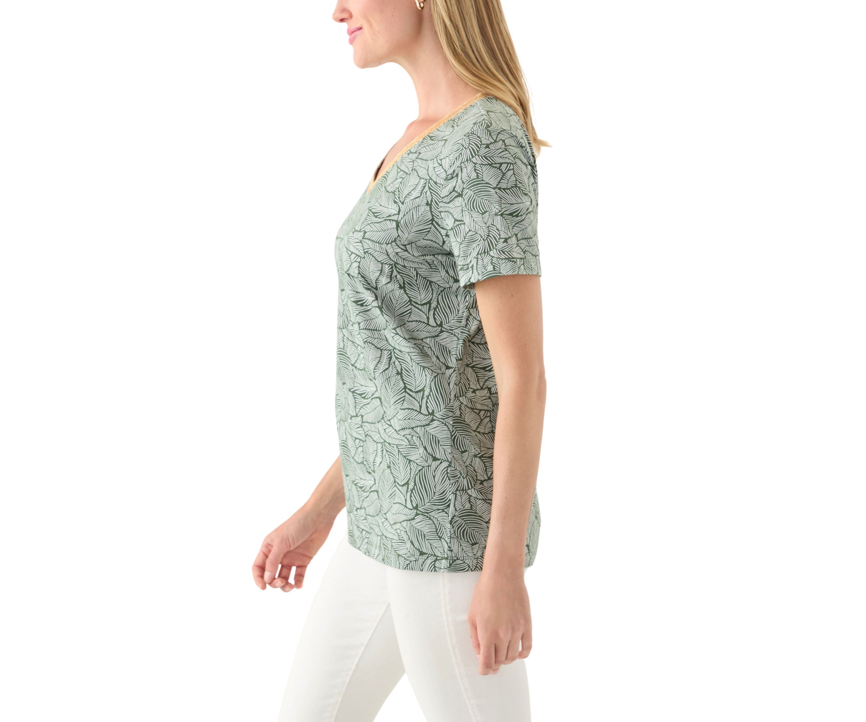 Petite Short Sleeve V-Neck Printed Trim Top 