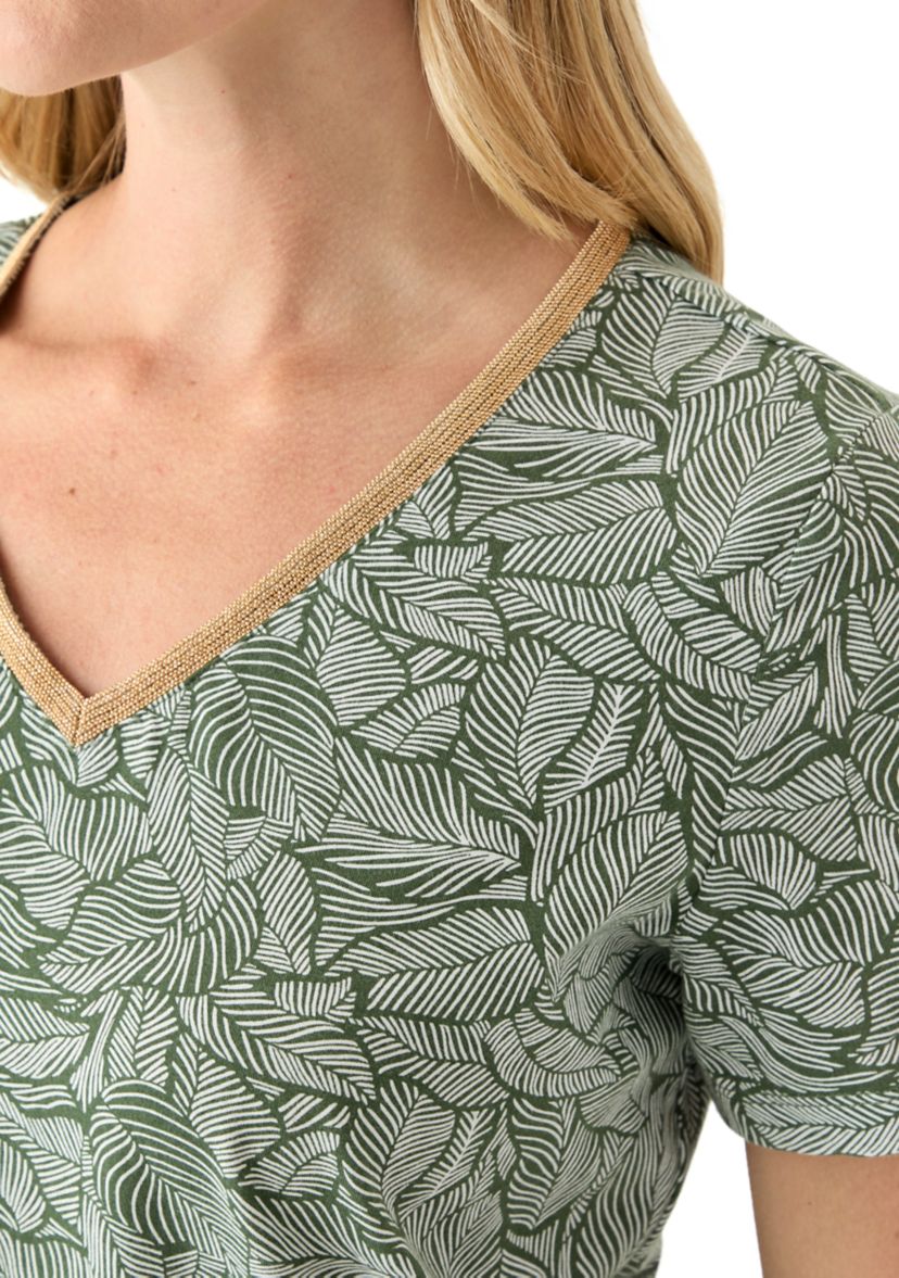 Petite Short Sleeve V-Neck Printed Trim Top 