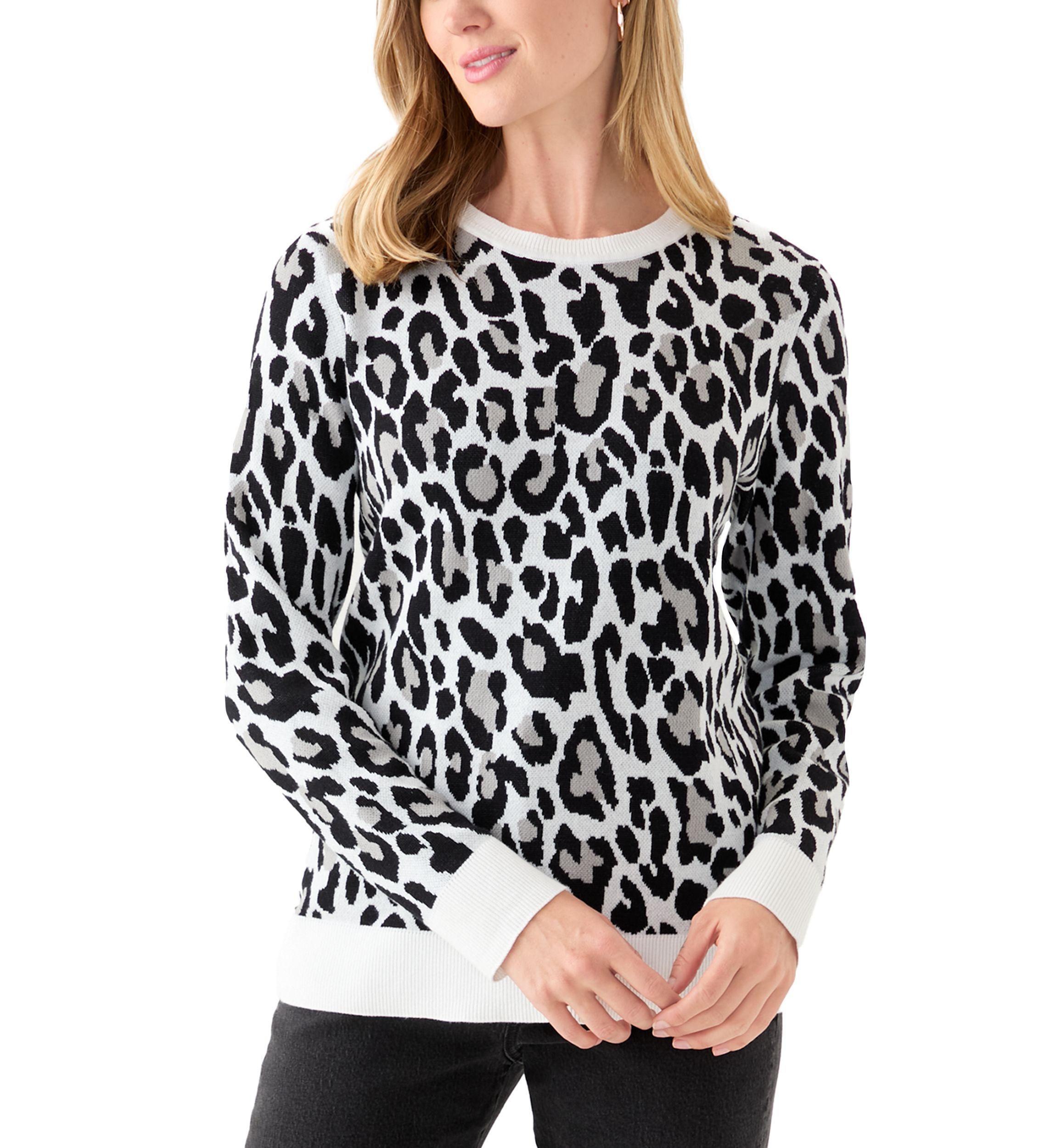 Petite Long Sleeve Crew Neck Jacquard Sweater 