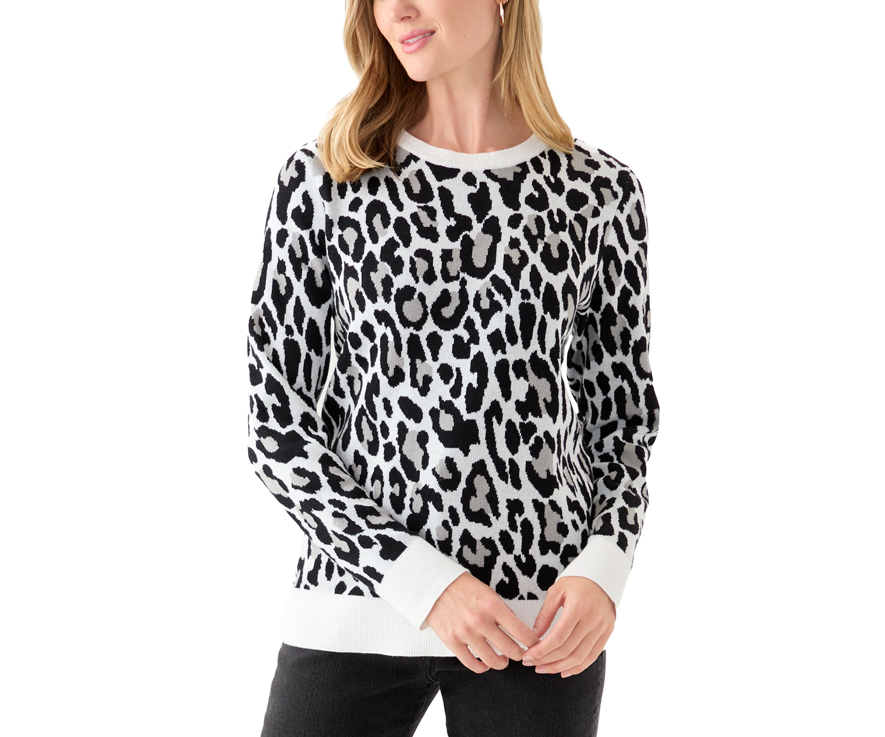 Petite Long Sleeve Crew Neck Jacquard Sweater 