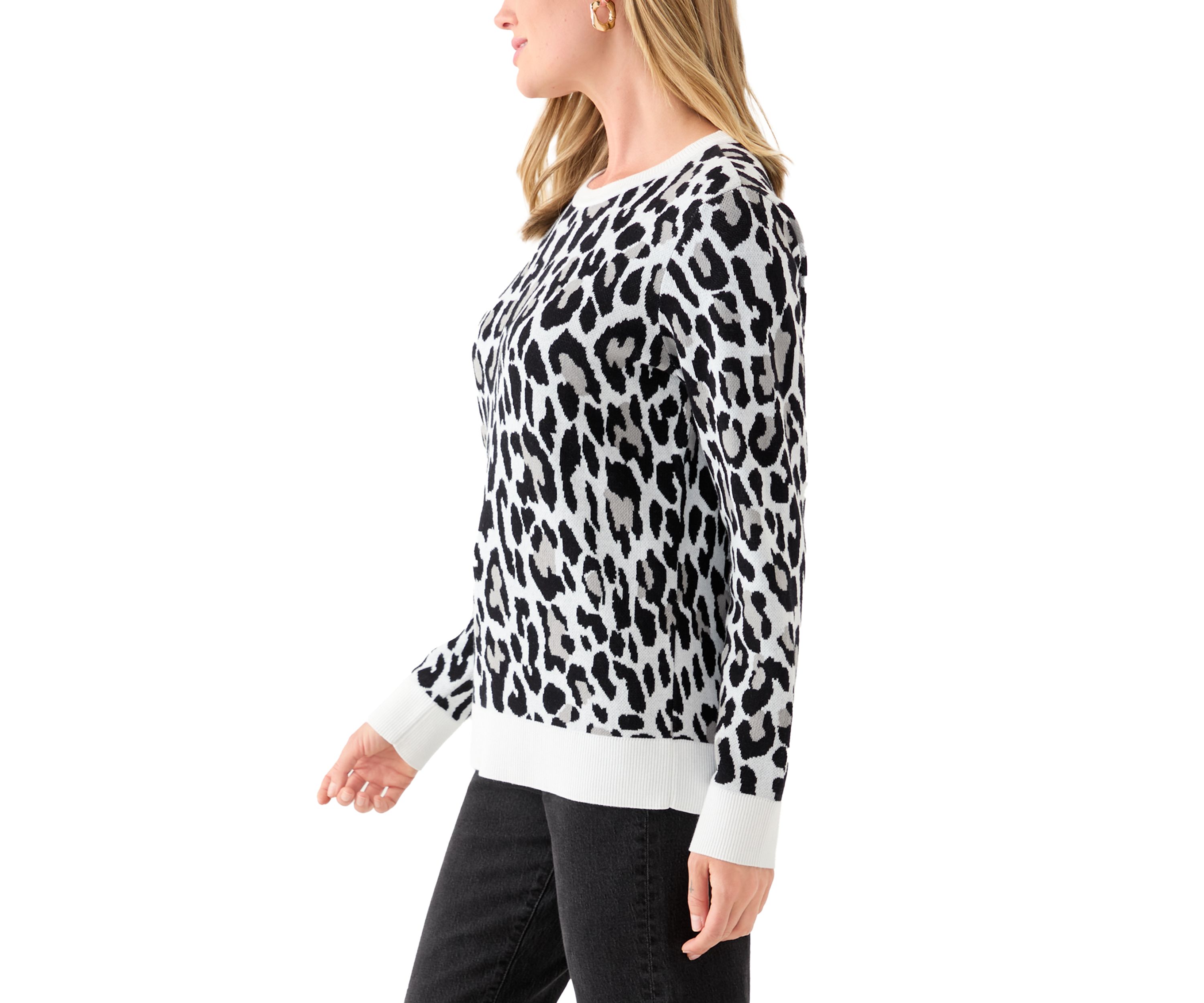 Petite Long Sleeve Crew Neck Jacquard Sweater 