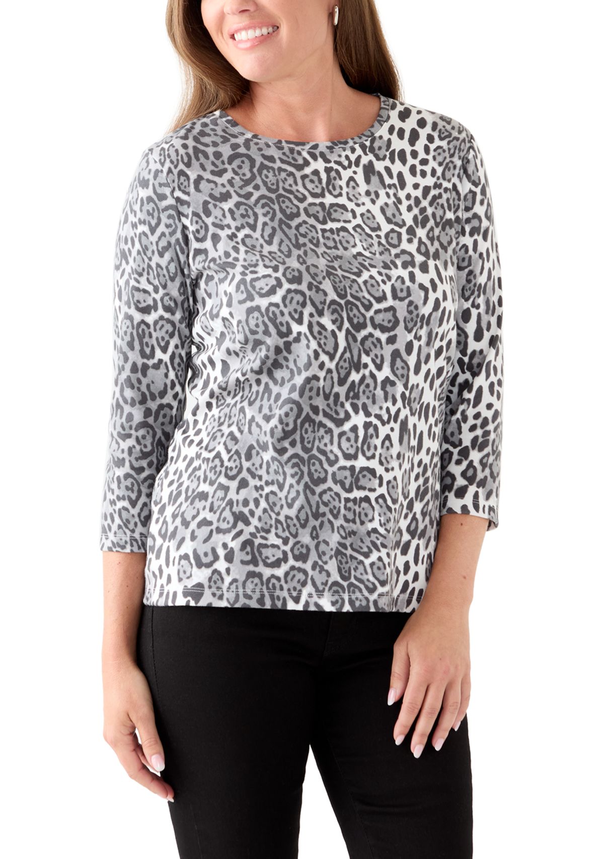 Petite Three-Quarter Sleeve Crew Neck Print Top