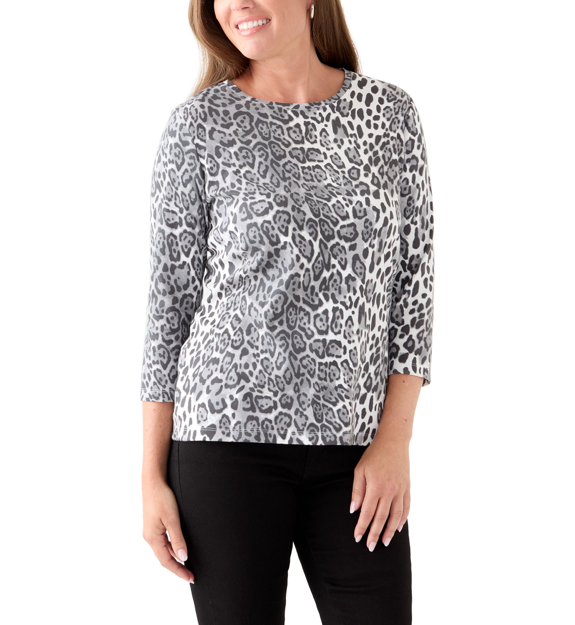 Petite Three-Quarter Sleeve Crew Neck Print Top