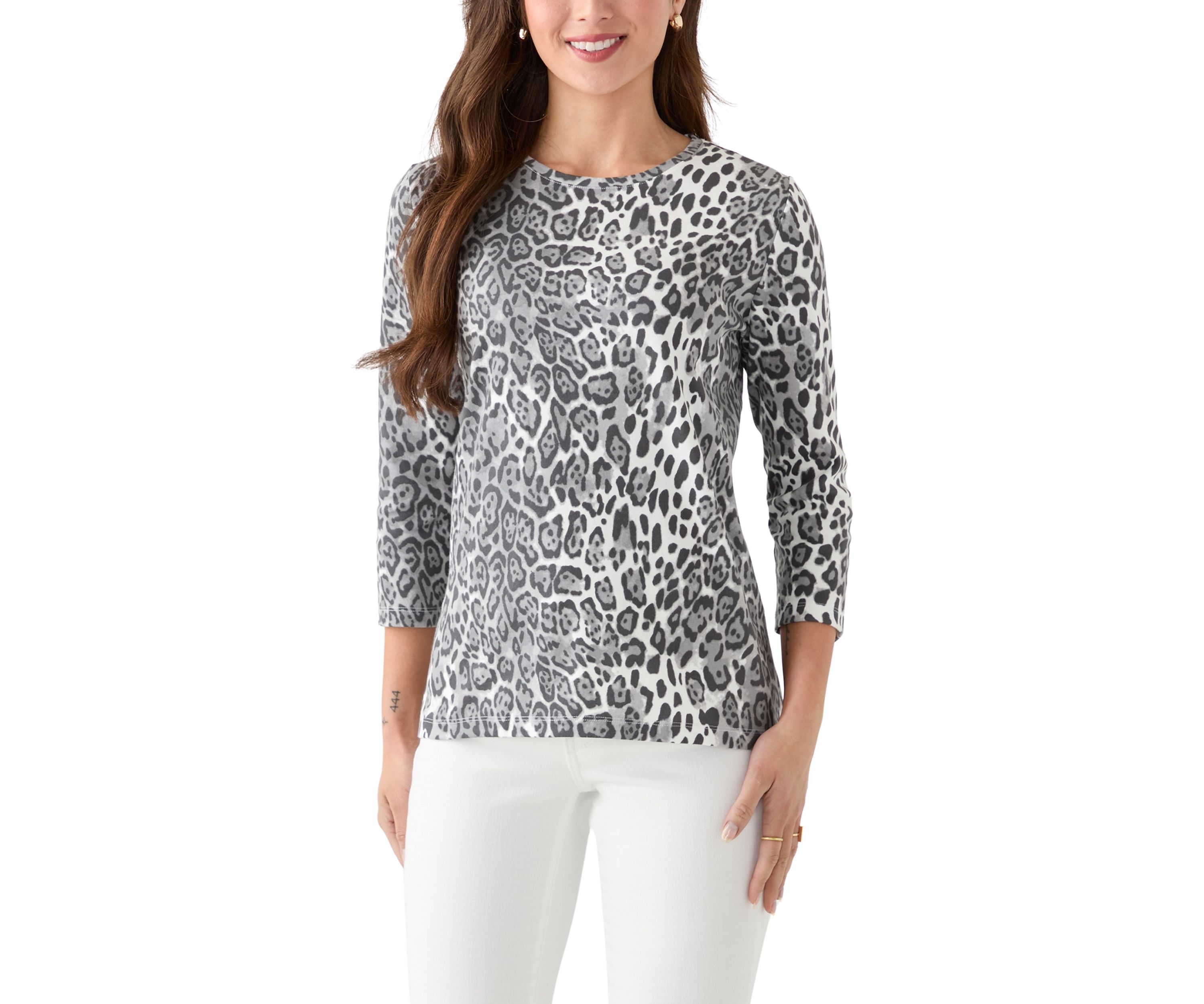 Petite Three-Quarter Sleeve Crew Neck Print Top