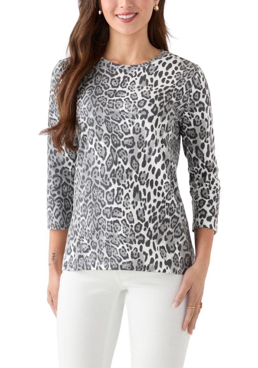 Petite Three-Quarter Sleeve Crew Neck Print Top