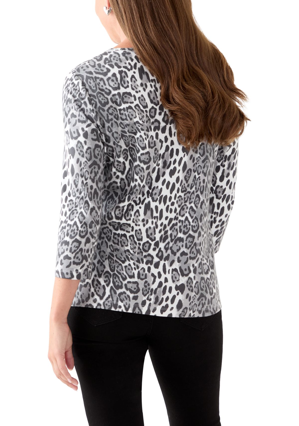 Petite Three-Quarter Sleeve Crew Neck Print Top