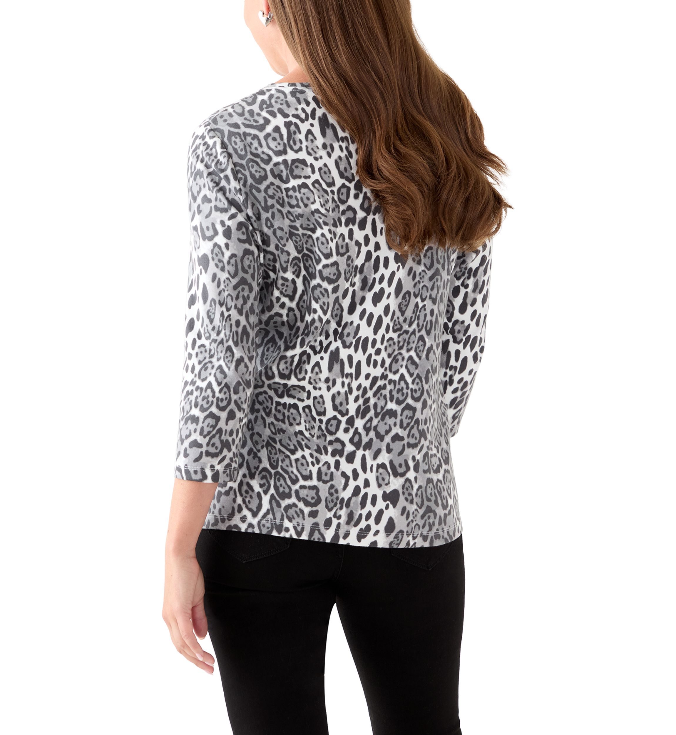 Petite Three-Quarter Sleeve Crew Neck Print Top