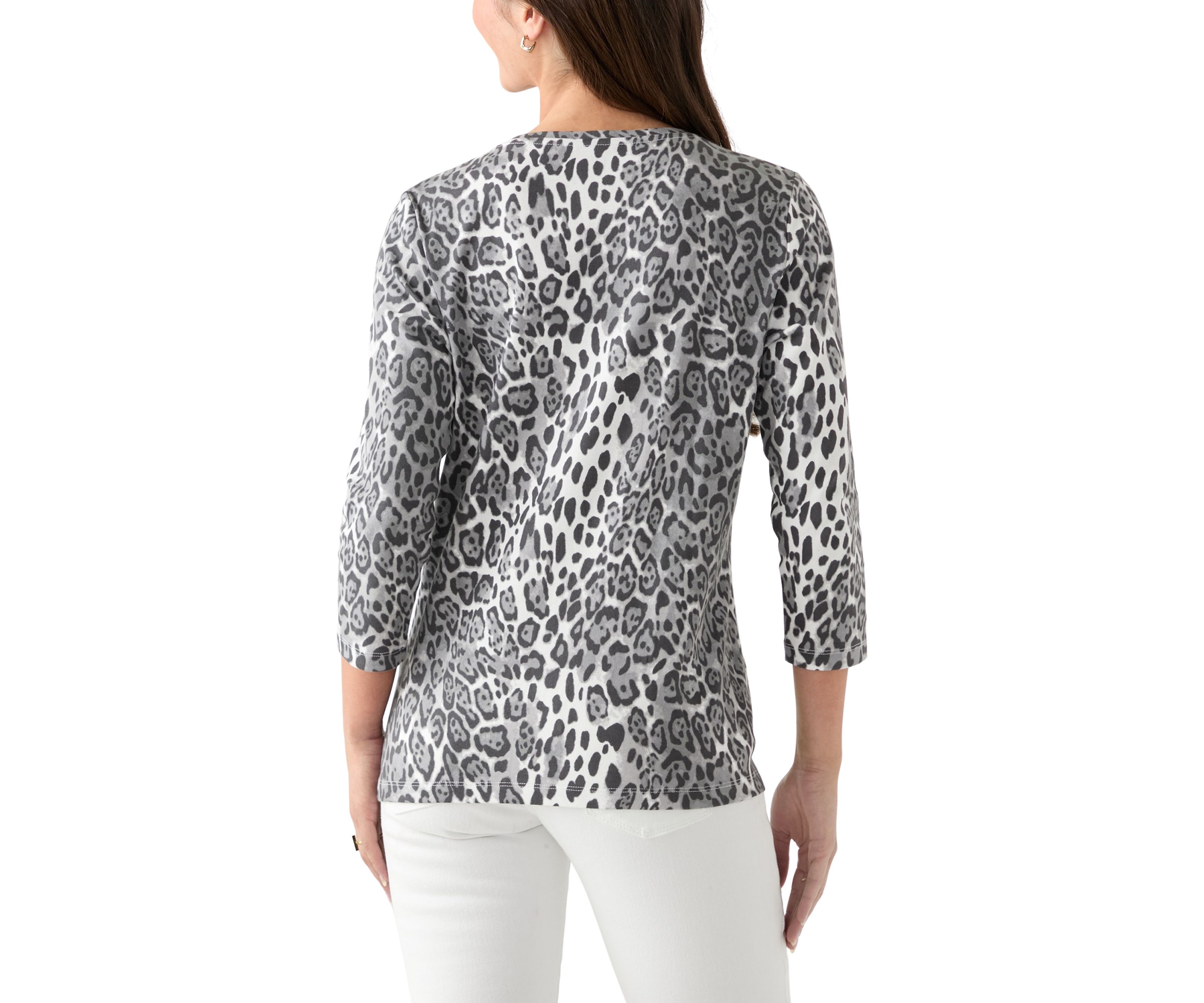 Petite Three-Quarter Sleeve Crew Neck Print Top