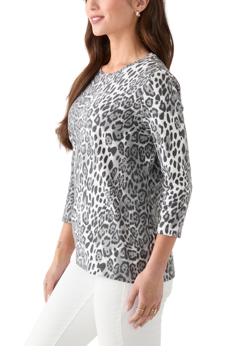Petite Three-Quarter Sleeve Crew Neck Print Top