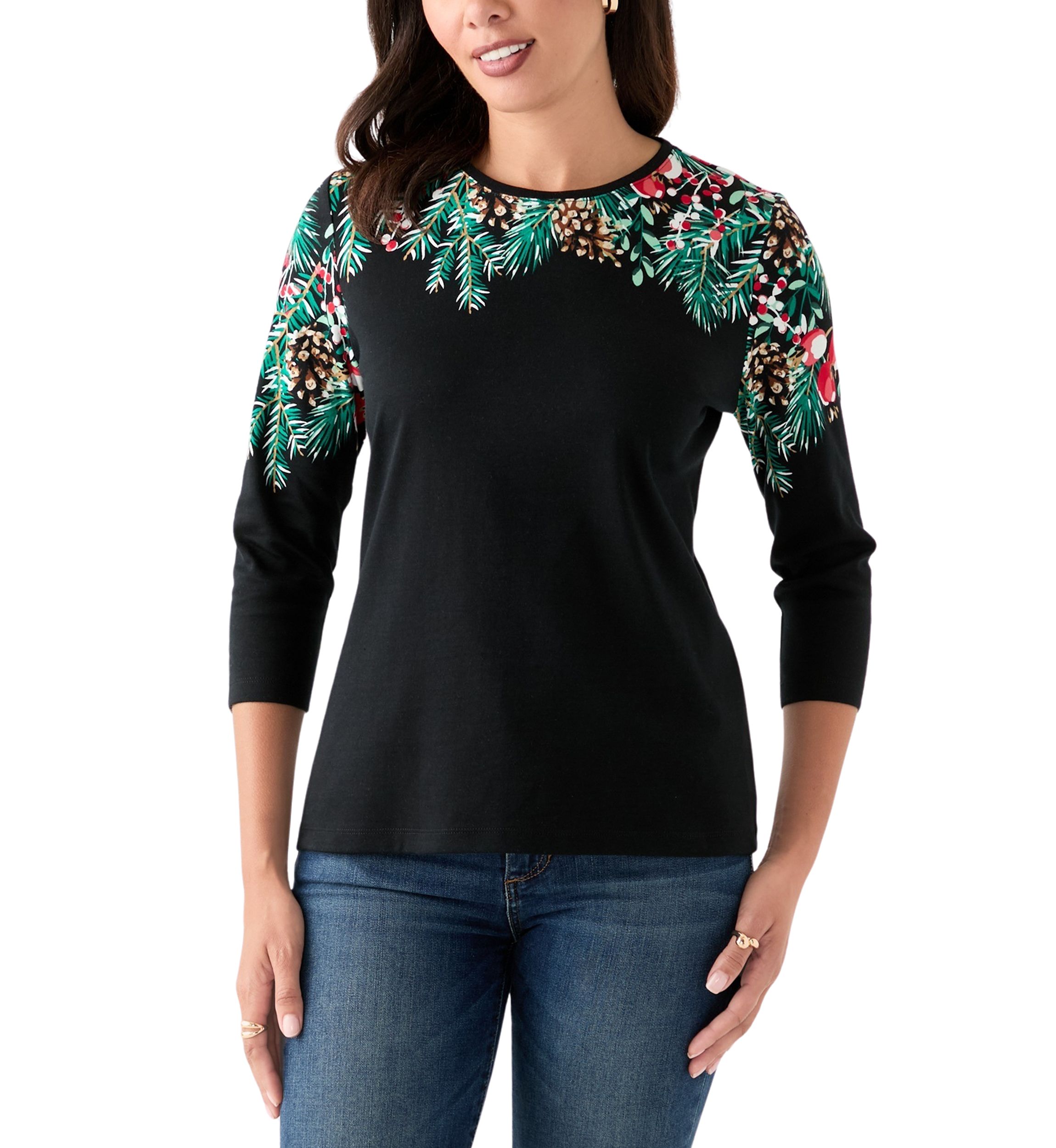 Petite Three-Quarter Sleeve Placement Print Top
