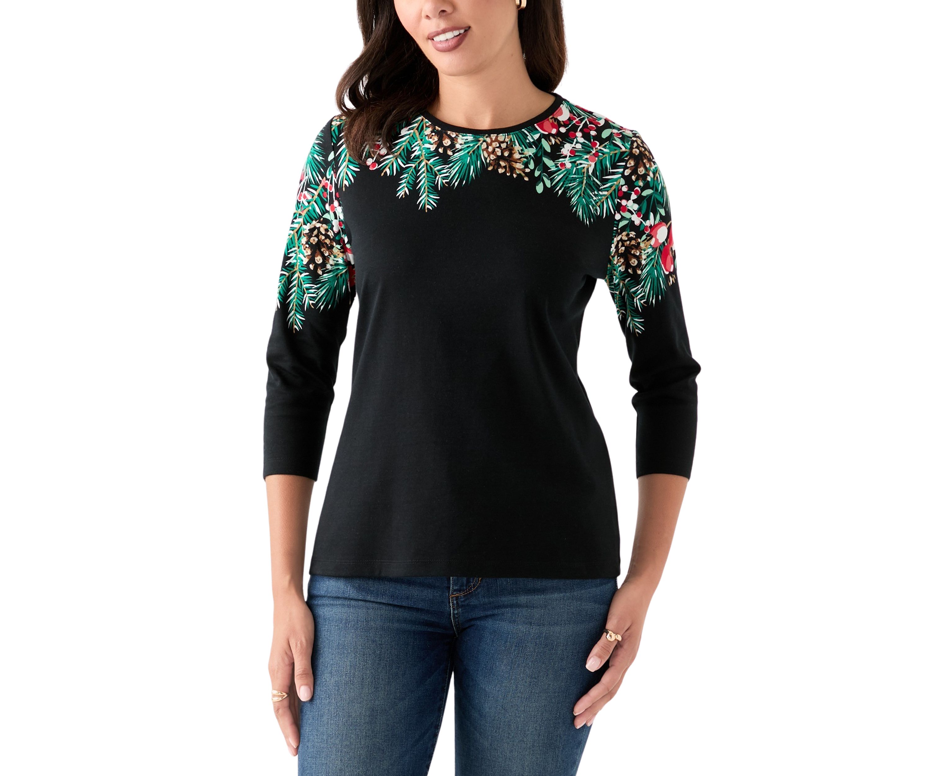 Petite Three-Quarter Sleeve Placement Print Top