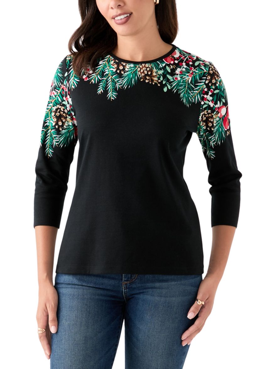 Petite Three-Quarter Sleeve Placement Print Top