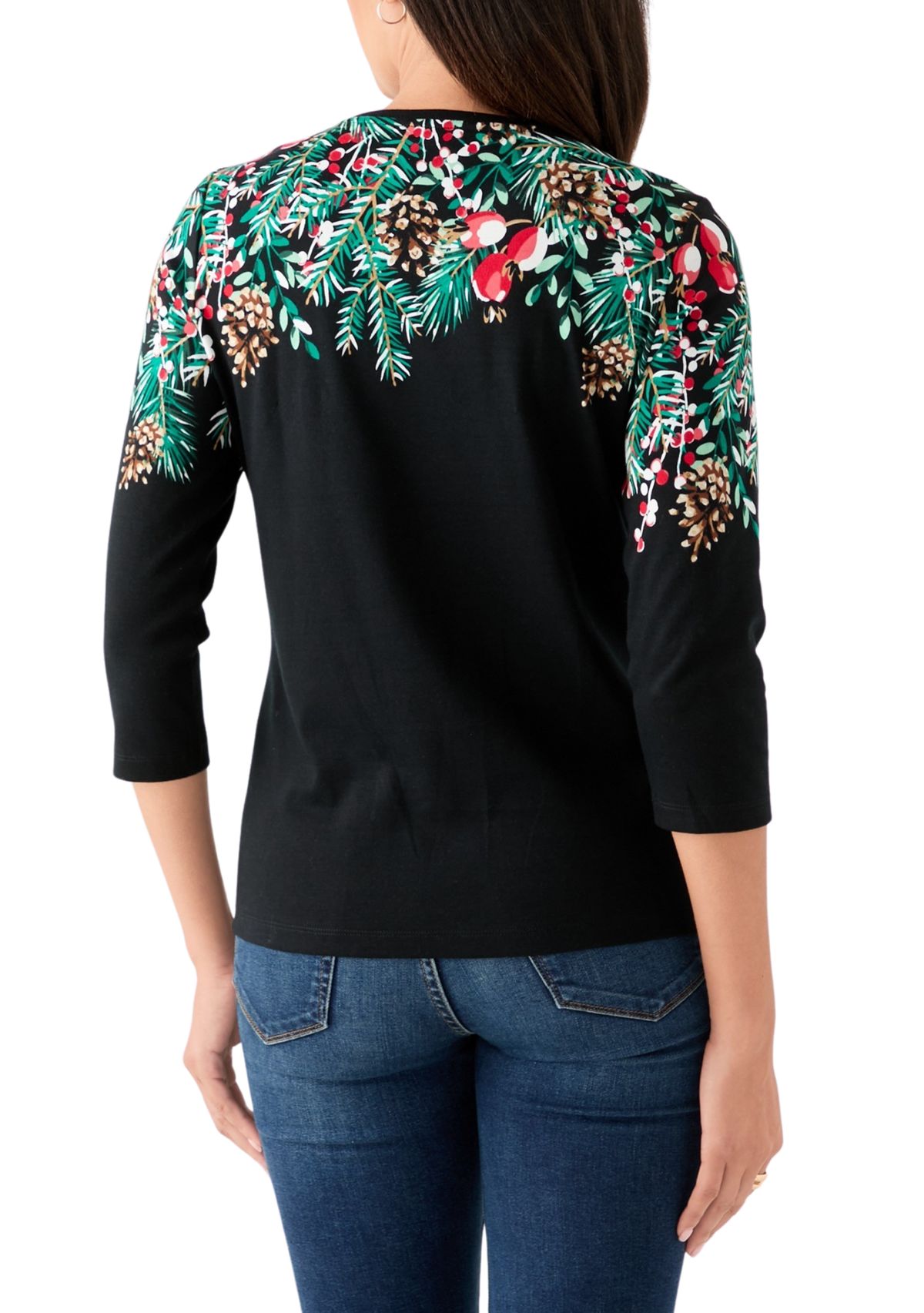 Petite Three-Quarter Sleeve Placement Print Top