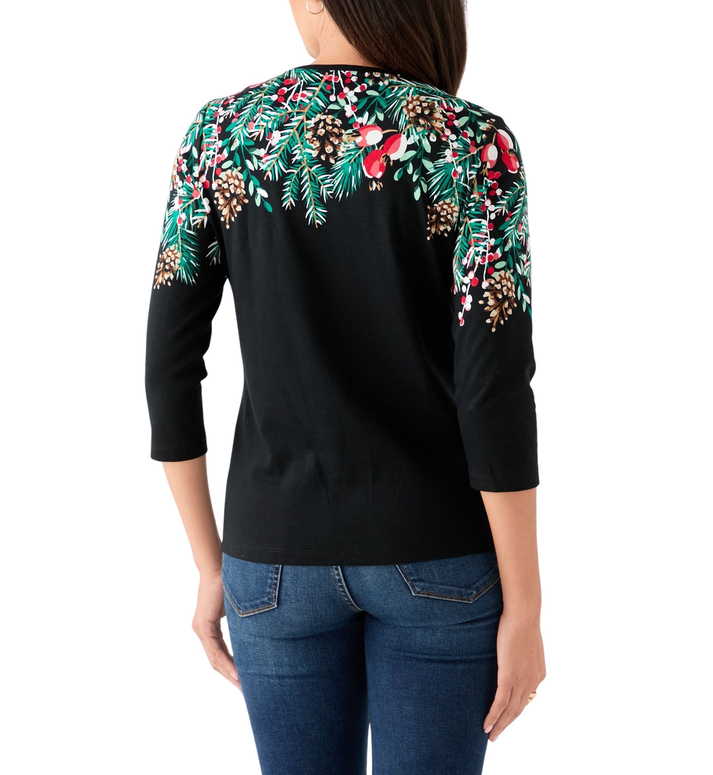Petite Three-Quarter Sleeve Placement Print Top