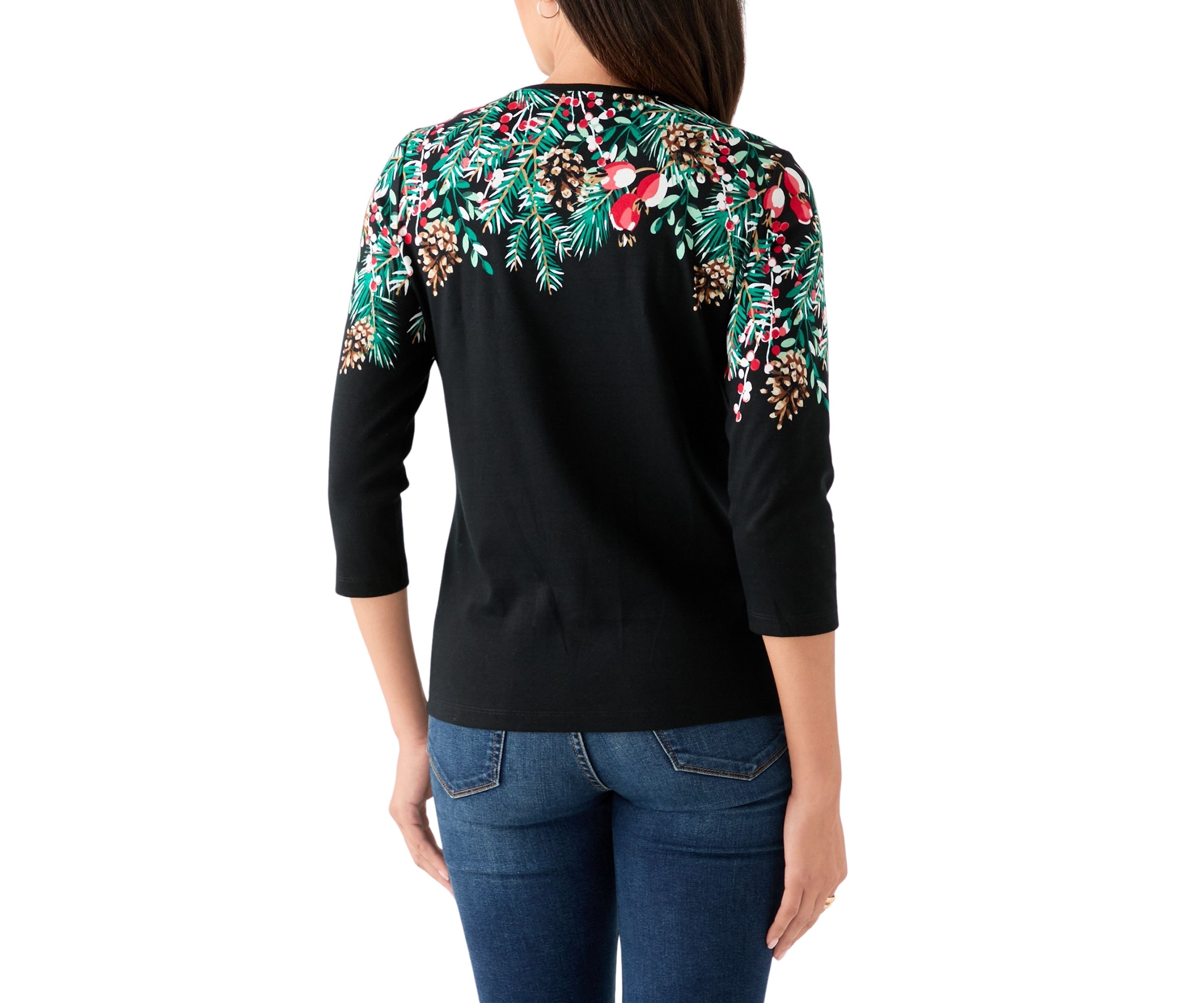 Petite Three-Quarter Sleeve Placement Print Top